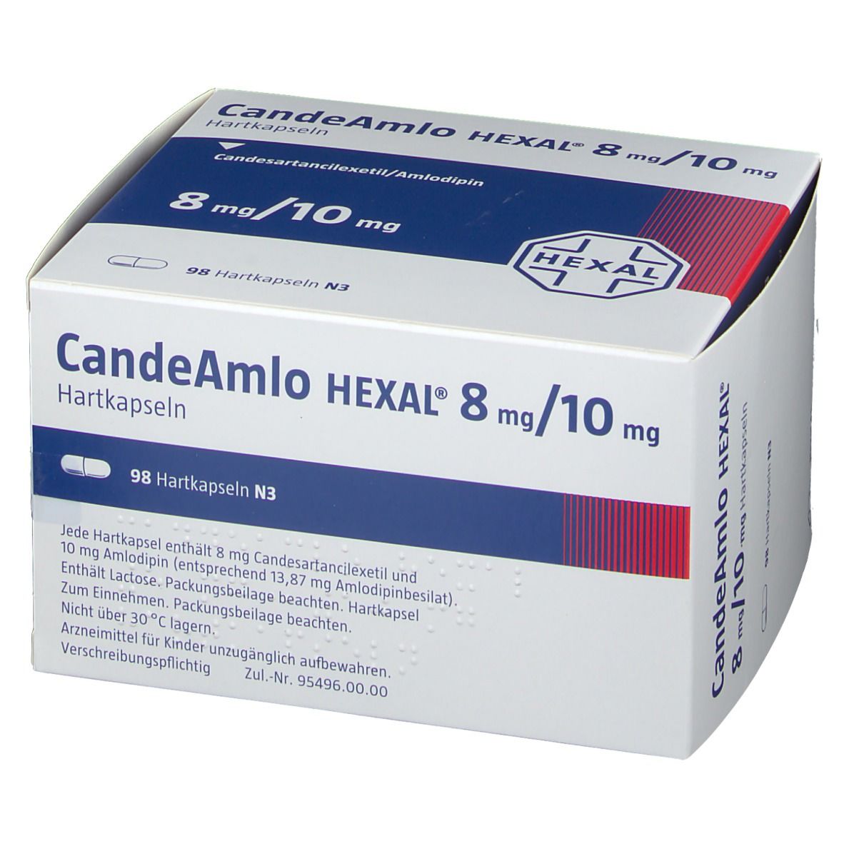 Karton Candeamlo HEXAL 8 mg/10 mg Hartkapseln. Weiße Schachtel mit blauen und roten Akzenten. HEXAL-Logo.