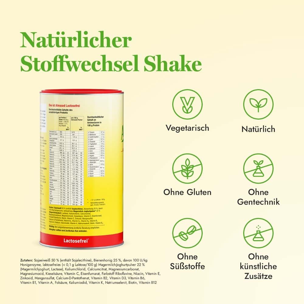 Dose Almased. Symbole: Vegetarisch, natürlich, ohne Gluten, ohne Gentechnik, ohne Süßstoffe, ohne künstliche Zusätze.