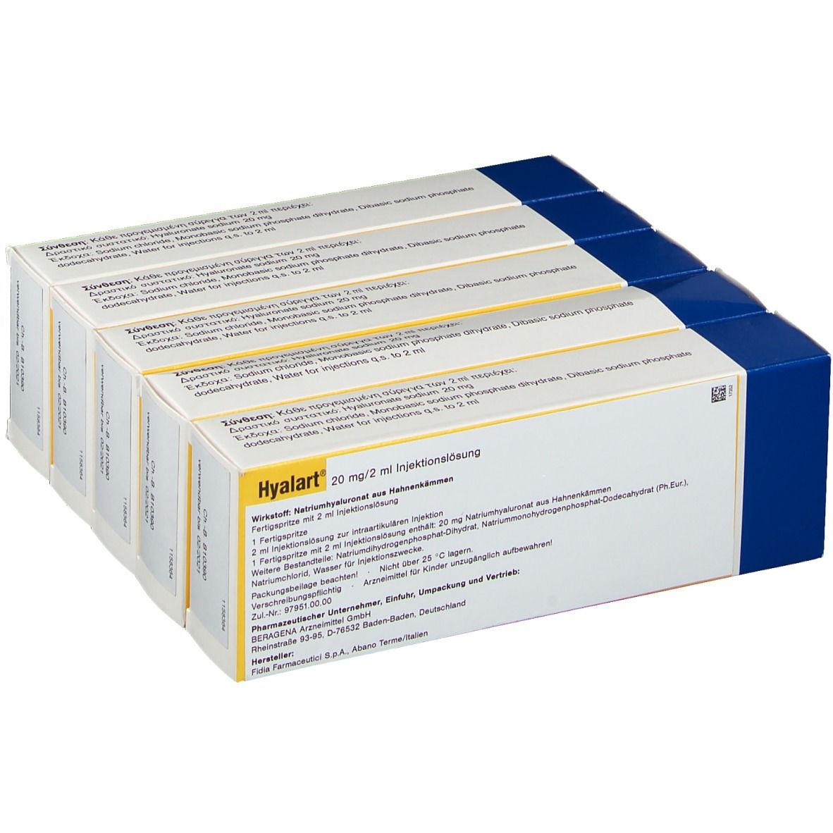 Mehrere Kartons HYALART Injektionslösung. Blaue und weiße Verpackung. Text: Hyalart 20 mg/2 ml Injektionslösung.