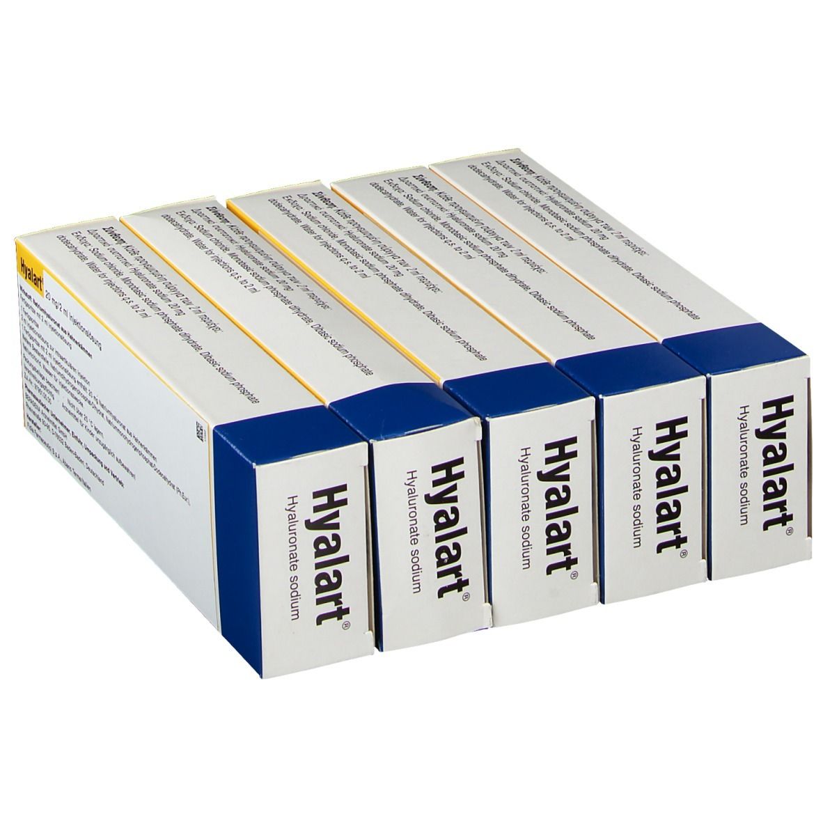 Mehrere Kartons HYALART Injektionslösung. Blaue und weiße Verpackung. Text: Hyalart, Natriumhyaluronat.
