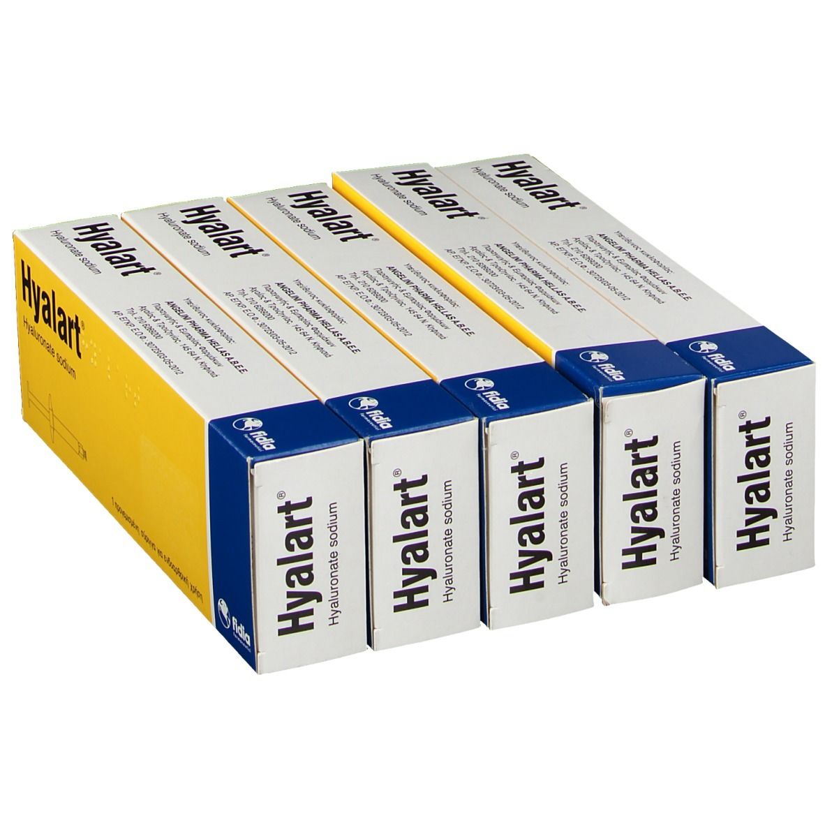 Mehrere Kartons HYALART Injektionslösung. Gelbe und blaue Verpackung. Text: Hyalart, Natriumhyaluronat.