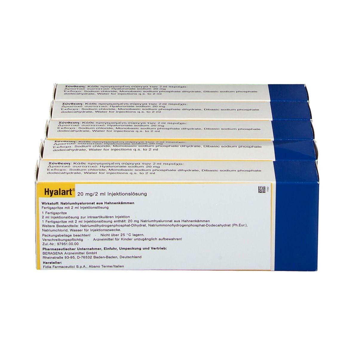 Nahaufnahme einer Packung HYALART Injektionslösung. Text: Hyalart 20 mg/2 ml Injektionslösung. Weiße Verpackung mit Text.