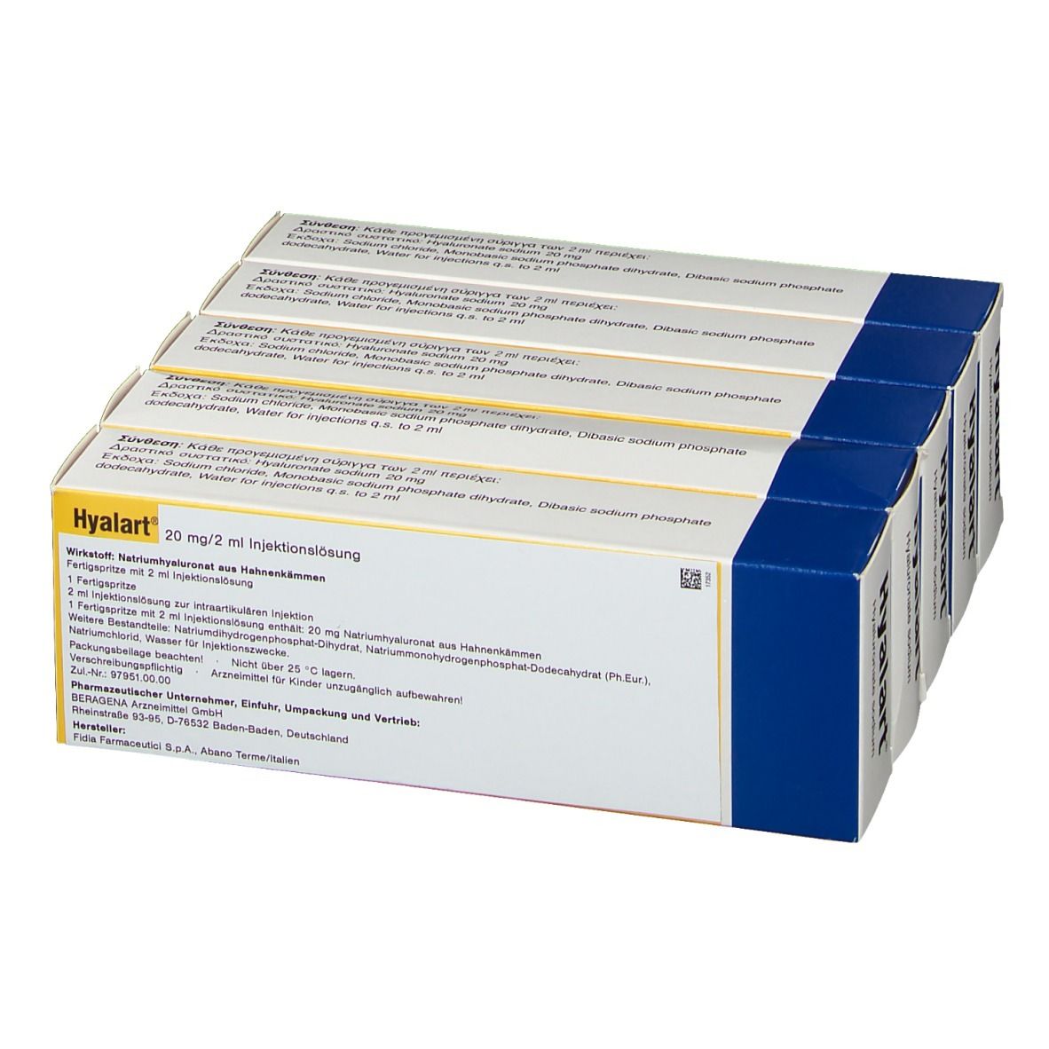 Nahaufnahme einer Packung HYALART Injektionslösung. Text: Hyalart 20 mg/2 ml Injektionslösung. Weiße Verpackung mit Text.