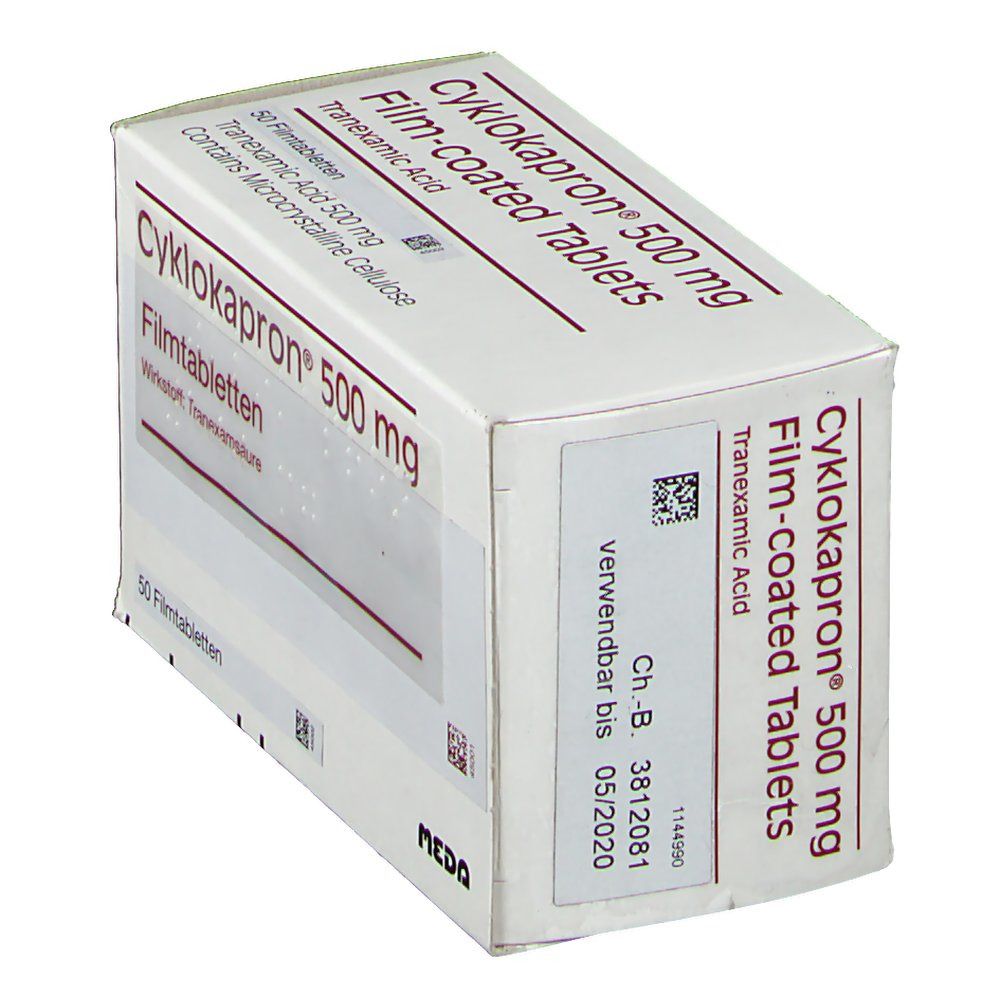 Schachtel mit Cyklokapron 500 mg Filmtabletten. Aufschrift: Tranexamsäure. Verfallsdatum: 05/2020. MEDA-Logo.