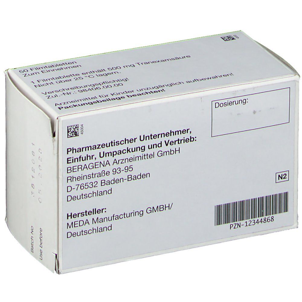 Rückseite der Schachtel mit Cyklokapron. Text: Pharmazeutischer Unternehmer, Hersteller, Chargennummer, PZN-Nummer.