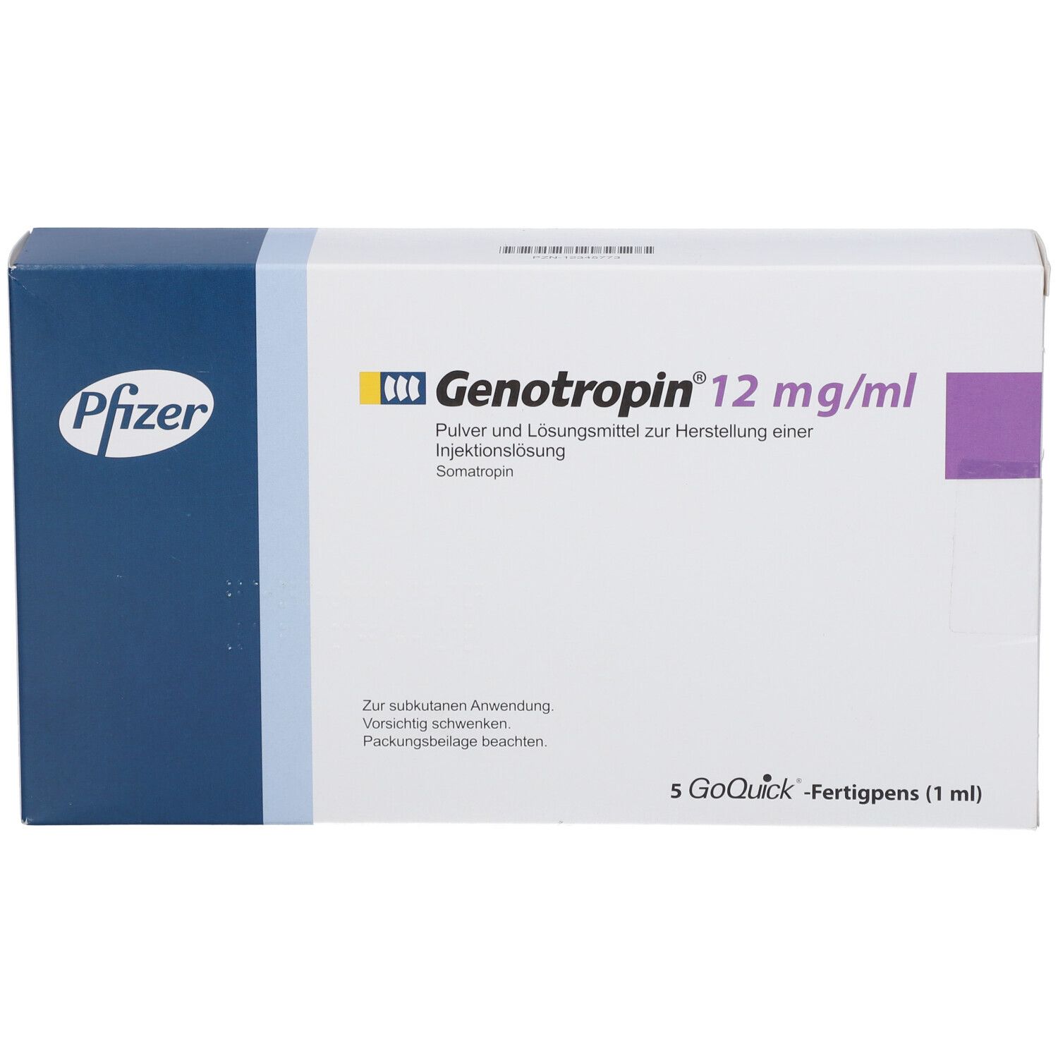 Weiße Schachtel mit blauer und gelber Beschriftung. Aufschrift: Genotropin 12 mg/ml, Pfizer Logo. Enthält 5 GoQuick Fertigpens.