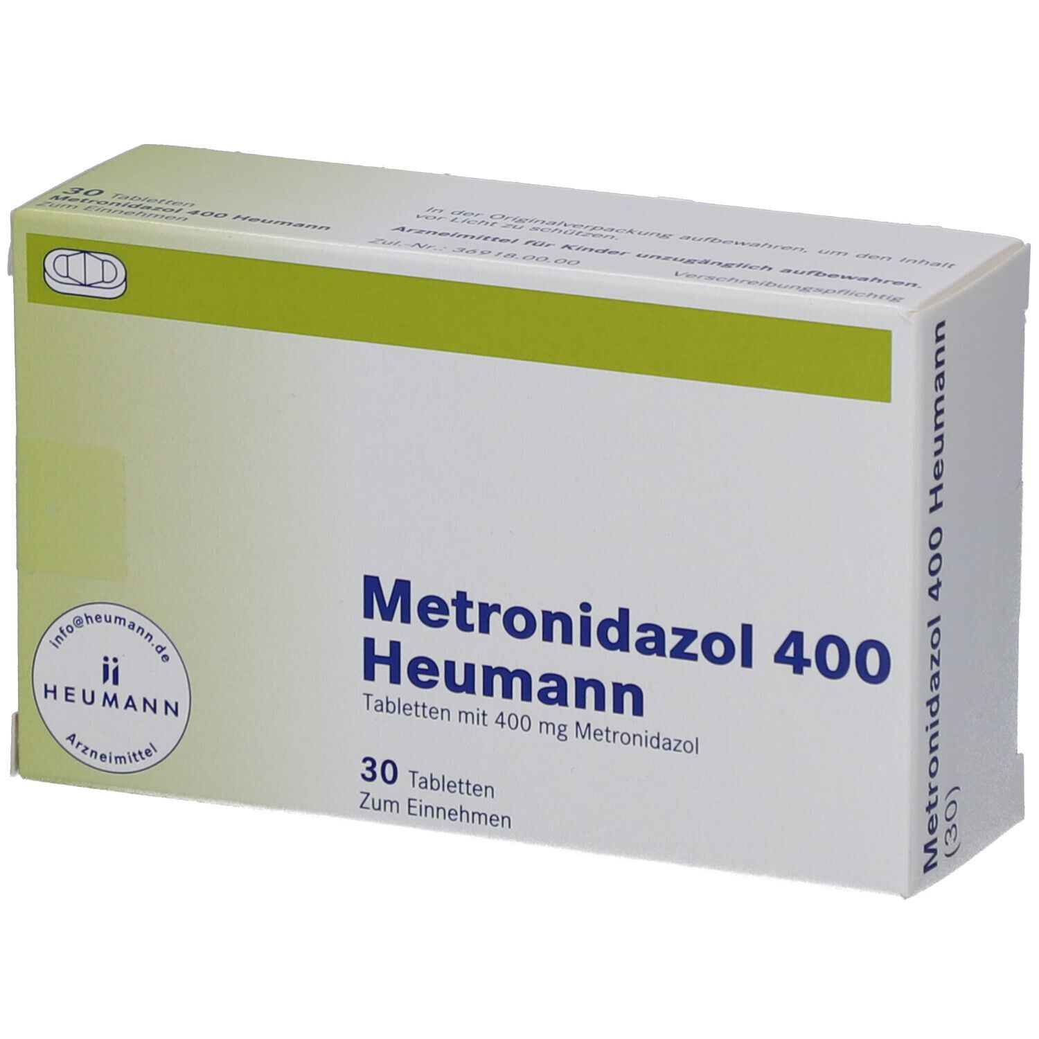 Schachtel mit Metronidazol 400 Heumann Tabletten. 30 Tabletten. Heumann Logo. Grün-weiße Verpackung.