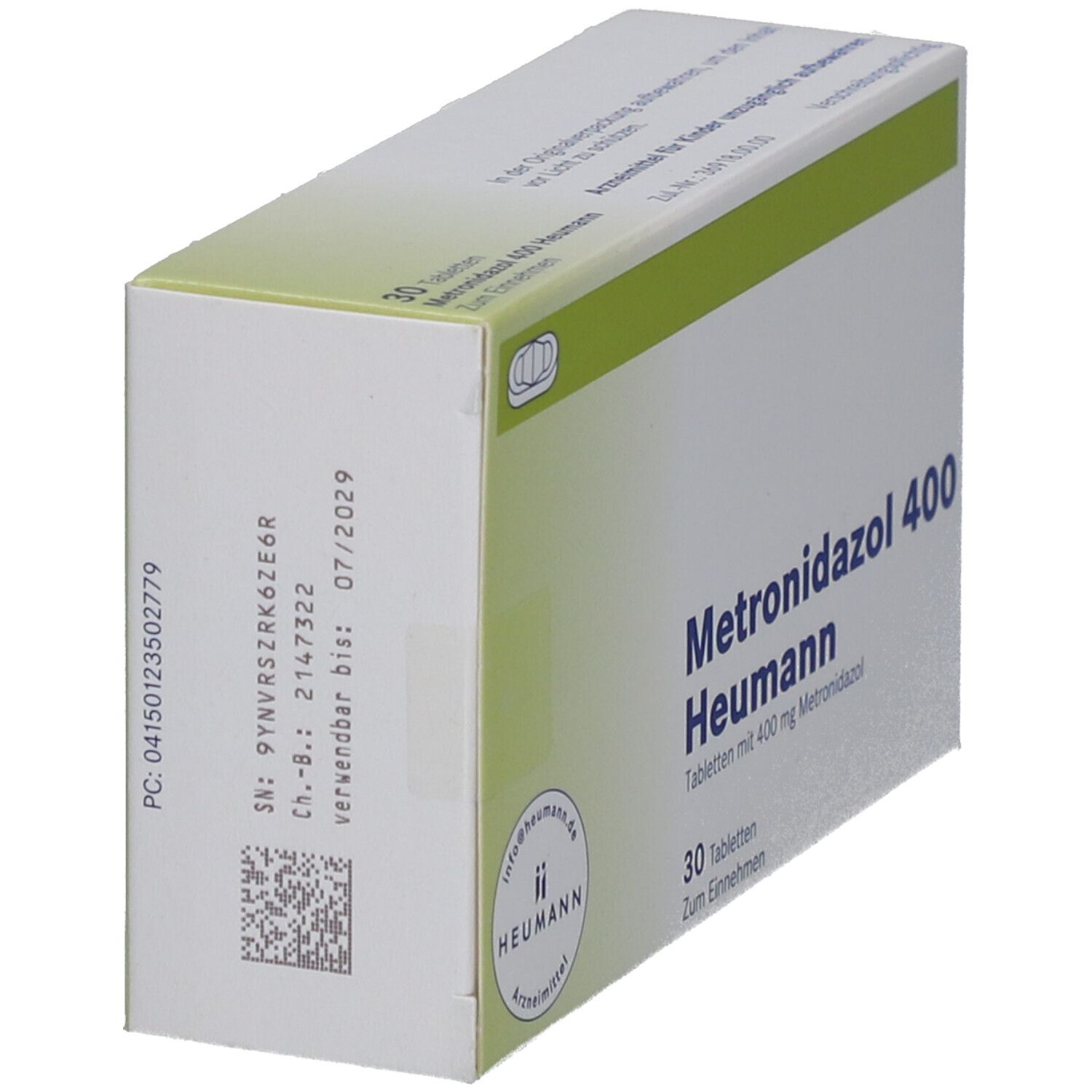 Schachtel Metronidazol 400 Heumann. Seitenansicht. Chargennummer, Verfallsdatum. Heumann Logo. 30 Tabletten.