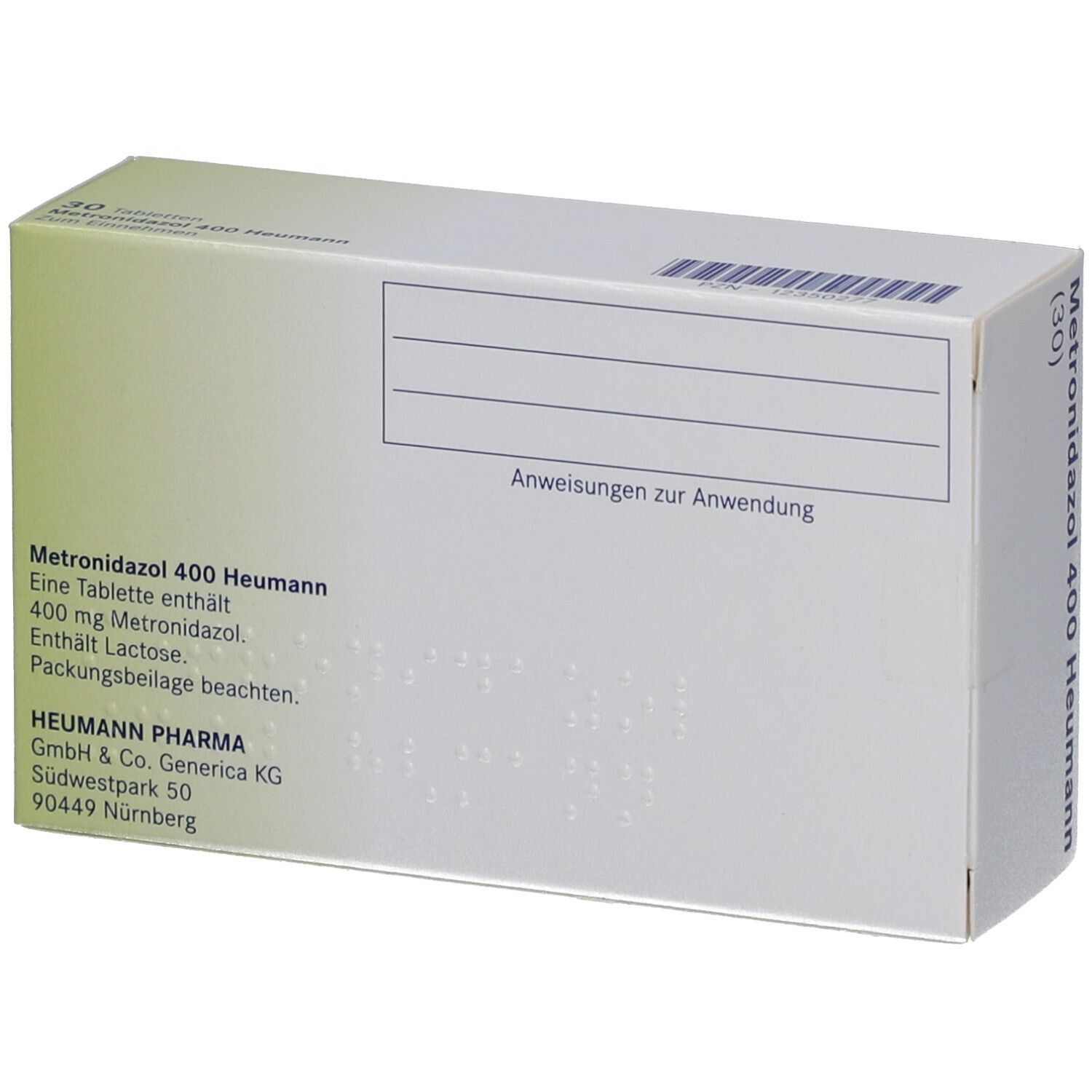 Rückseite der Schachtel Metronidazol 400 Heumann. Text: Anweisungen zur Anwendung. Heumann Pharma Logo. 30 Tabletten.