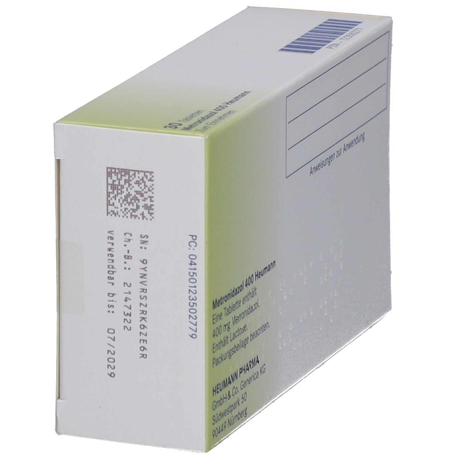 Seitenansicht der Schachtel Metronidazol 400 Heumann. Chargennummer, Verfallsdatum. Heumann Pharma Logo. 30 Tabletten.