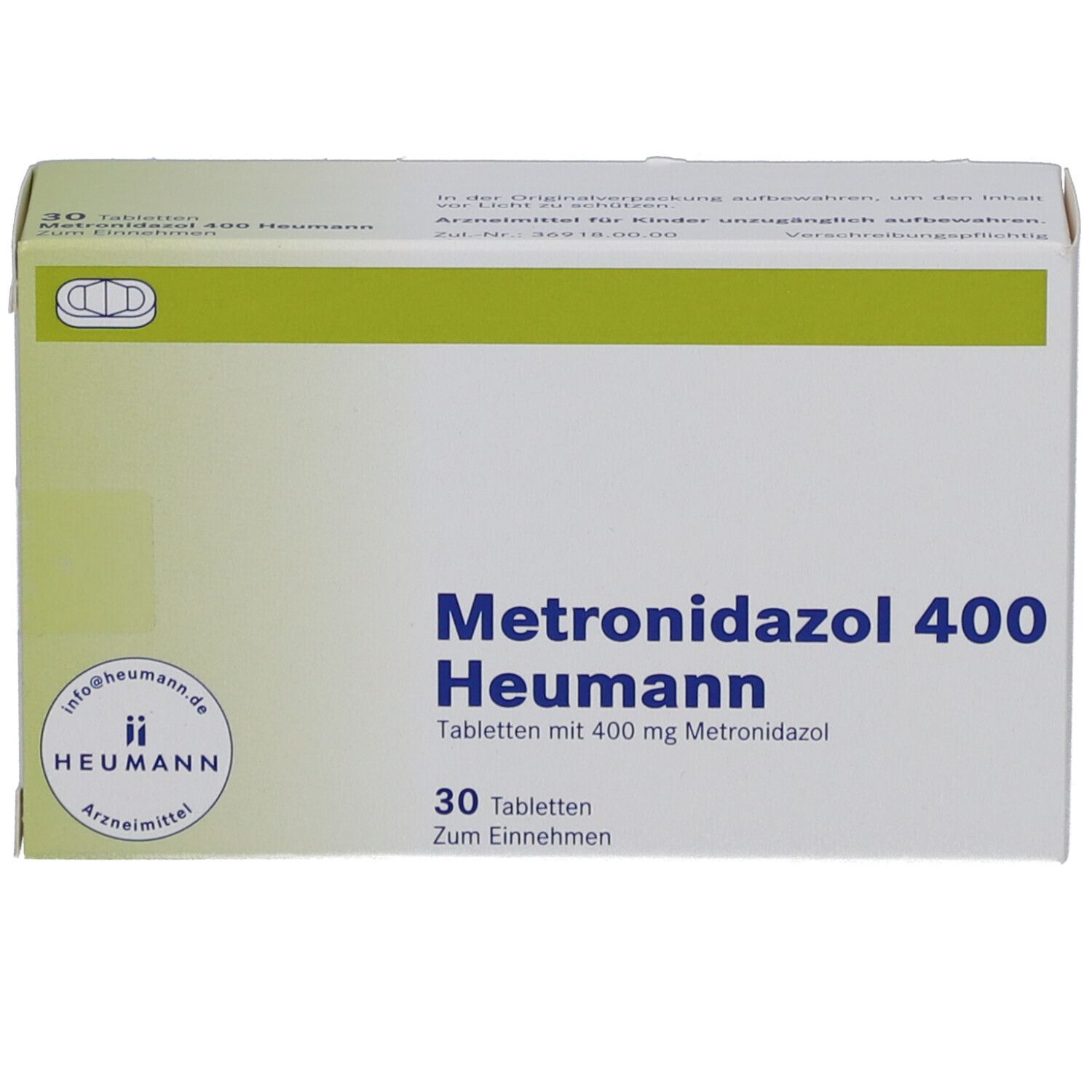 Schachtel mit Metronidazol 400 Heumann Tabletten. 30 Tabletten. Heumann Logo. Grün-weiße Verpackung.