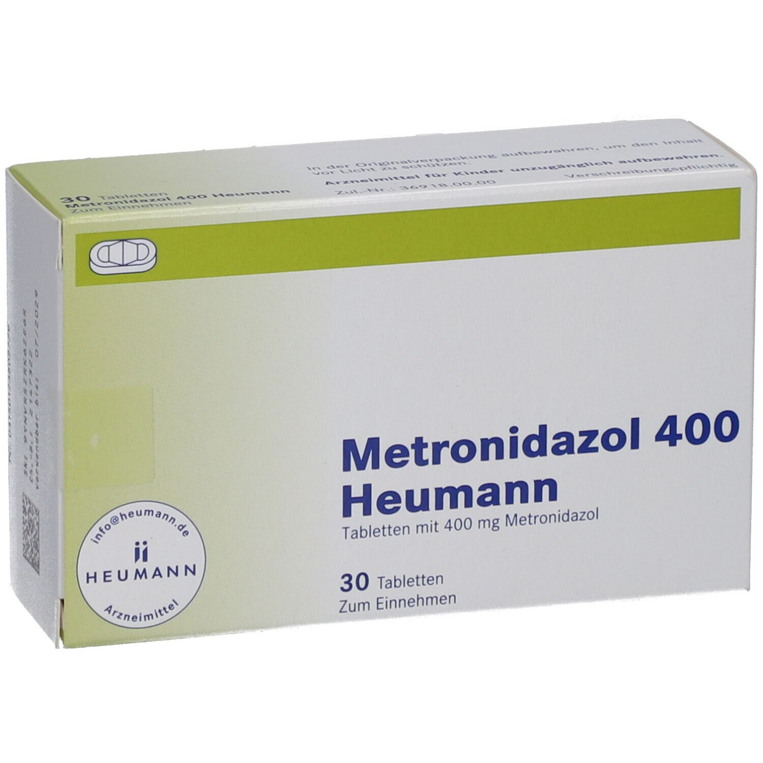 Schachtel mit Metronidazol 400 Heumann Tabletten. 30 Tabletten. Heumann Logo. Grün-weiße Verpackung.