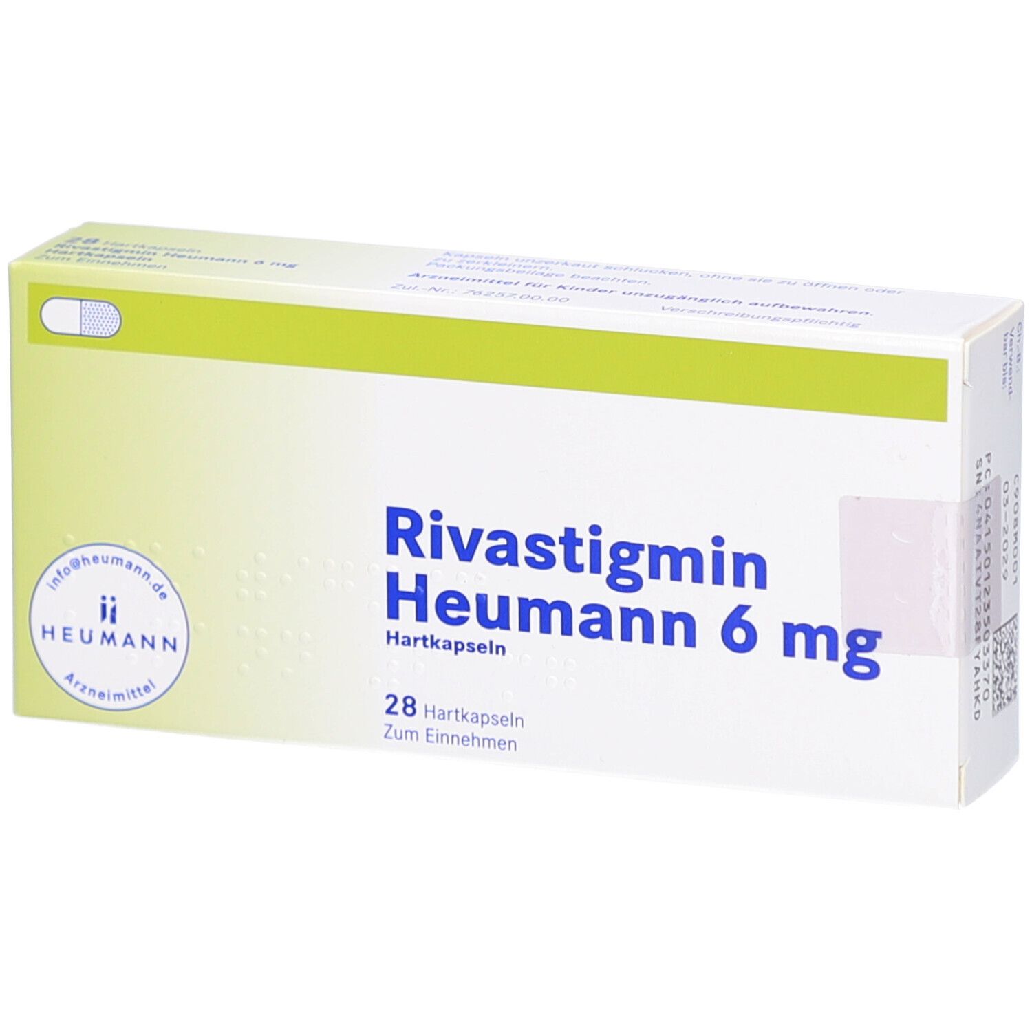 Schachtel mit Rivastigmin Heumann 6 mg Hartkapseln. Aufschrift: 28 Hartkapseln. Logo Heumann. Grün-weiße Farbgebung.