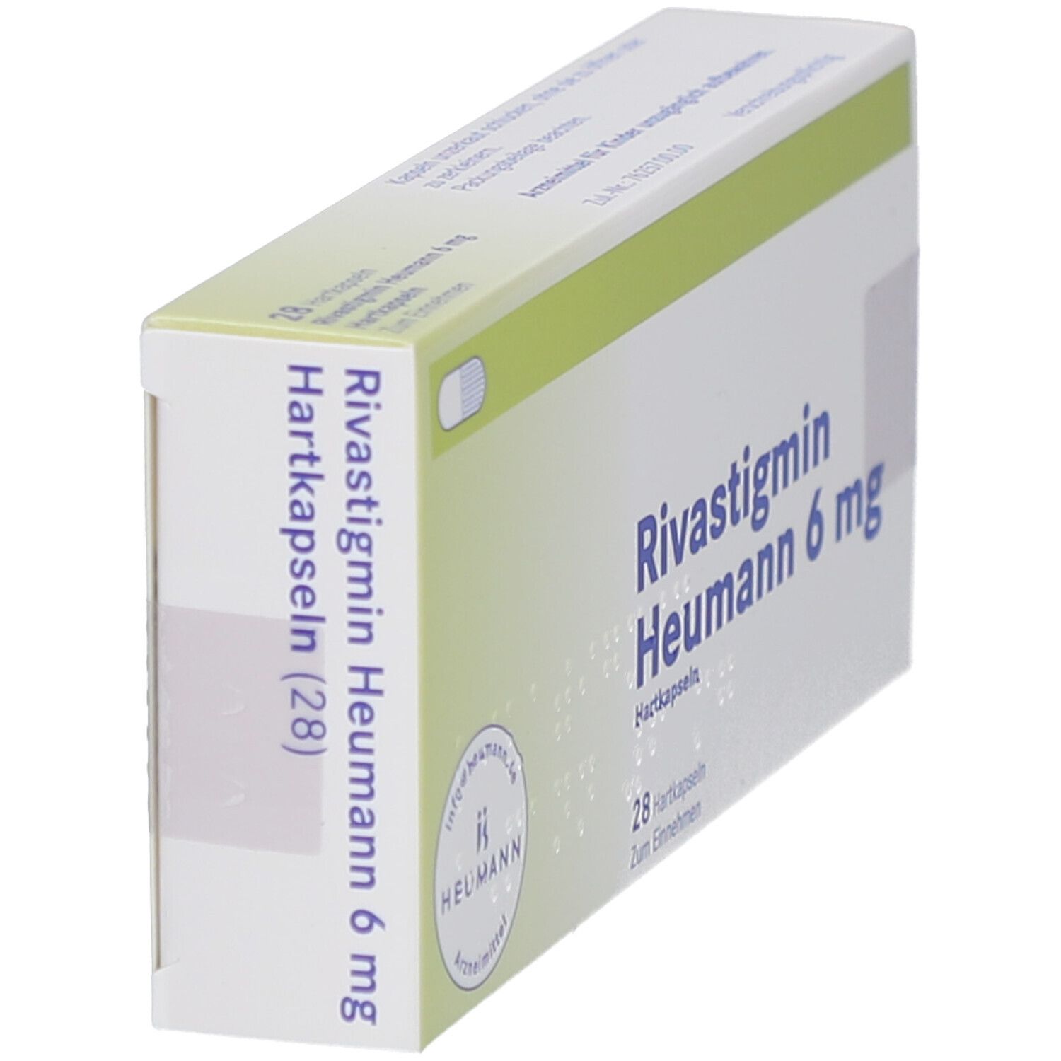 Schachtel Rivastigmin Heumann 6 mg Hartkapseln. Aufschrift: 28 Hartkapseln. Logo Heumann. Grün-weiße Farbgebung.