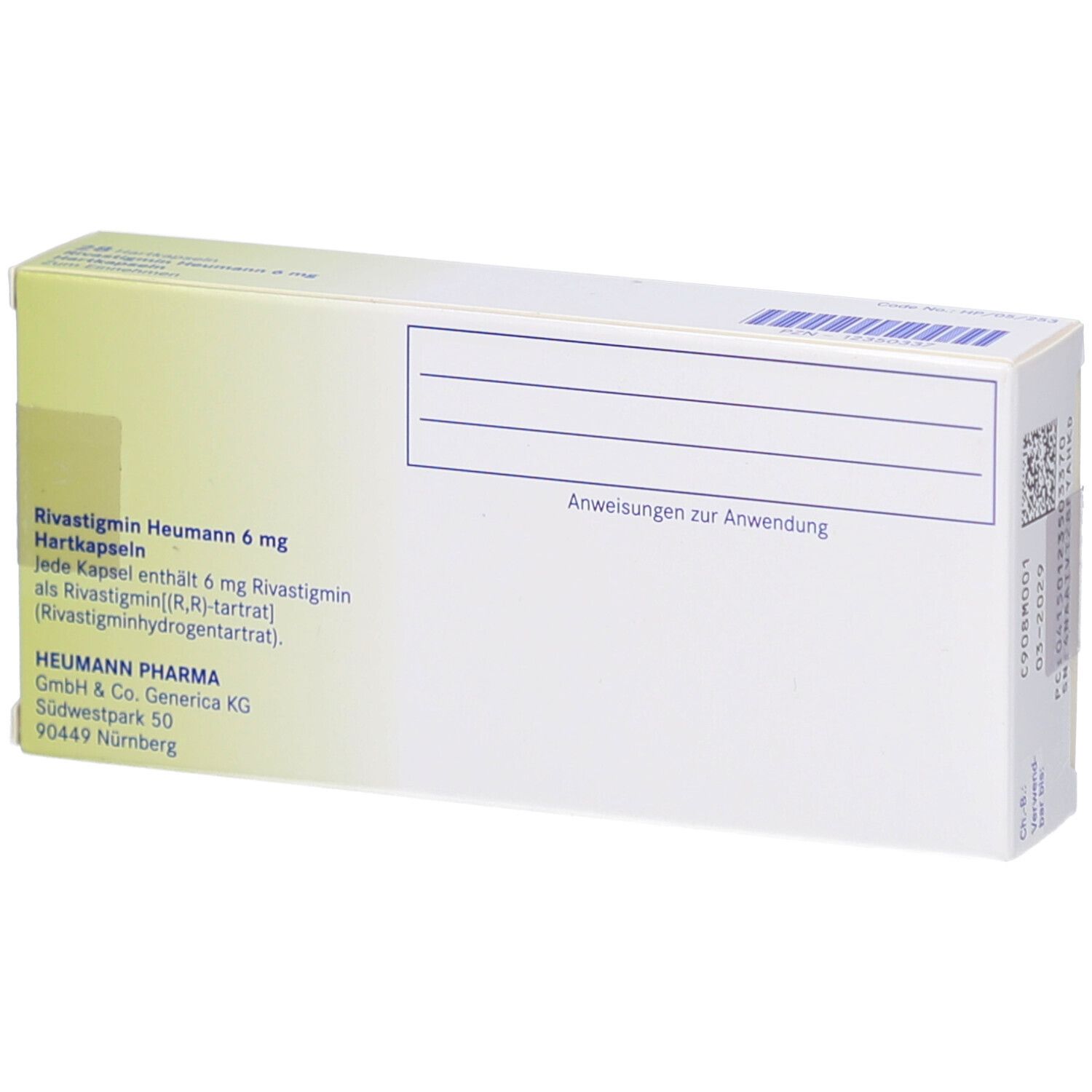 Rückseite der Schachtel Rivastigmin Heumann 6 mg Hartkapseln. Text: Anweisungen zur Anwendung. Herstellerinformationen.