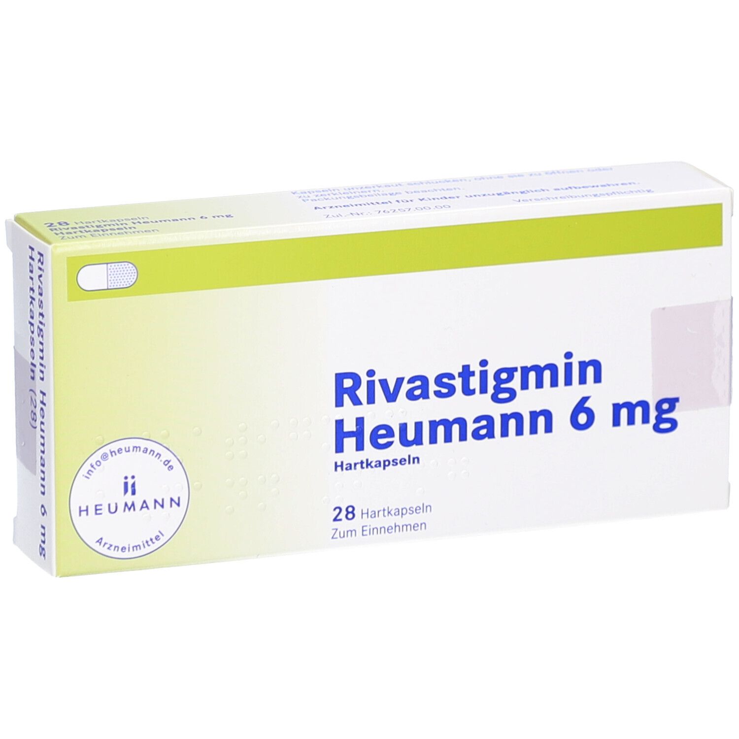 Schachtel Rivastigmin Heumann 6 mg Hartkapseln. Aufschrift: 28 Hartkapseln. Logo Heumann. Grün-weiße Farbgebung.