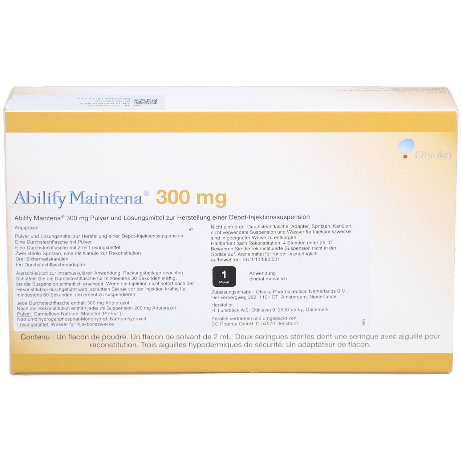 Verpackung von Abilify Maintena 300 mg. Enthält Pulver, Lösungsmittel, Spritzen, Nadeln und einen Adapter. Gelb-weiße Schachtel.