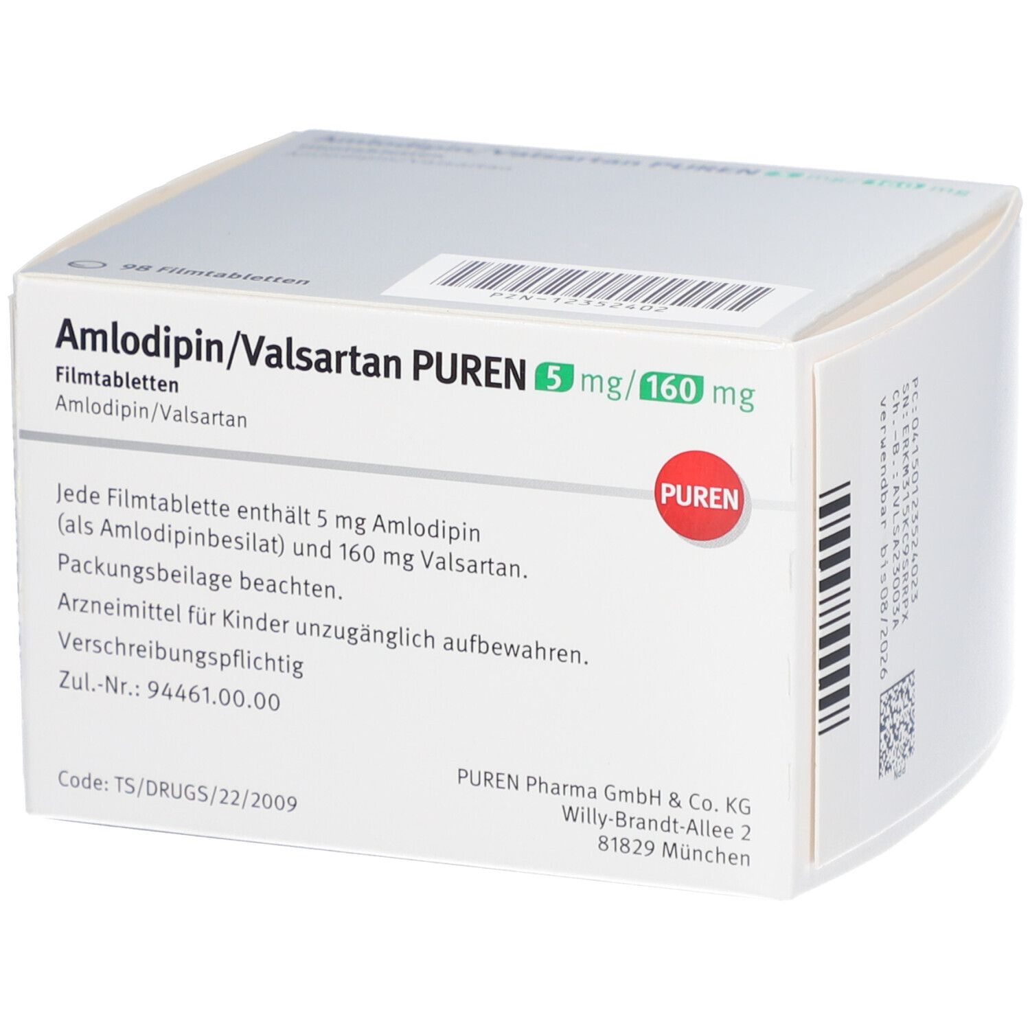 Schachtel mit AMLODIPIN/Valsartan PUREN 5 mg/160 mg Filmtabletten. Text auf der Verpackung. PUREN Logo. Informationen zu Inhaltsstoffen.