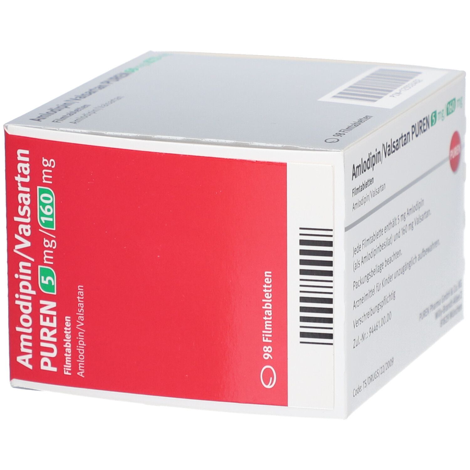 Schachtel mit AMLODIPIN/Valsartan PUREN 5 mg/160 mg Filmtabletten. Rote Fläche. Aufschrift: 98 Filmtabletten. PUREN Logo.