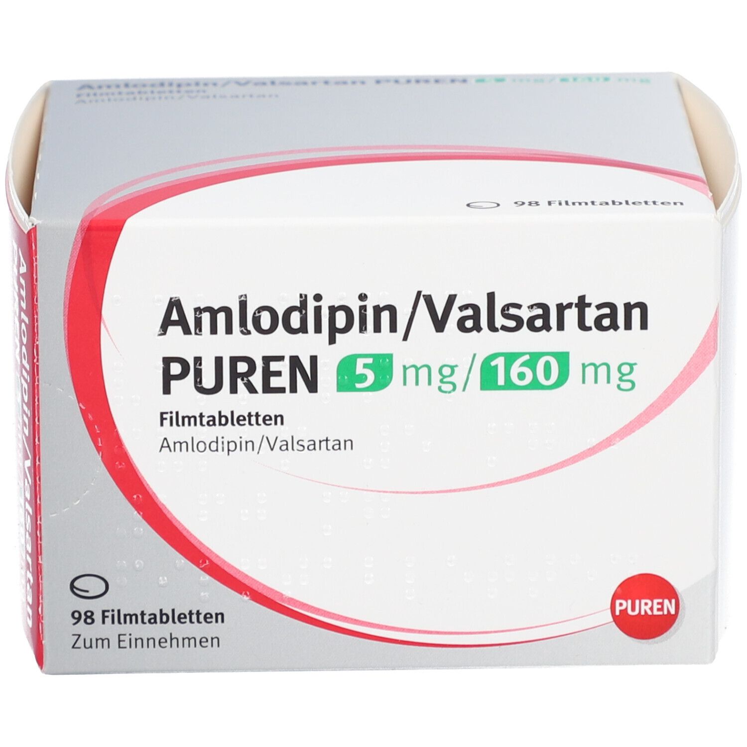 Schachtel mit AMLODIPIN/Valsartan PUREN 5 mg/160 mg Filmtabletten. Aufschrift: 98 Filmtabletten. PUREN Logo.