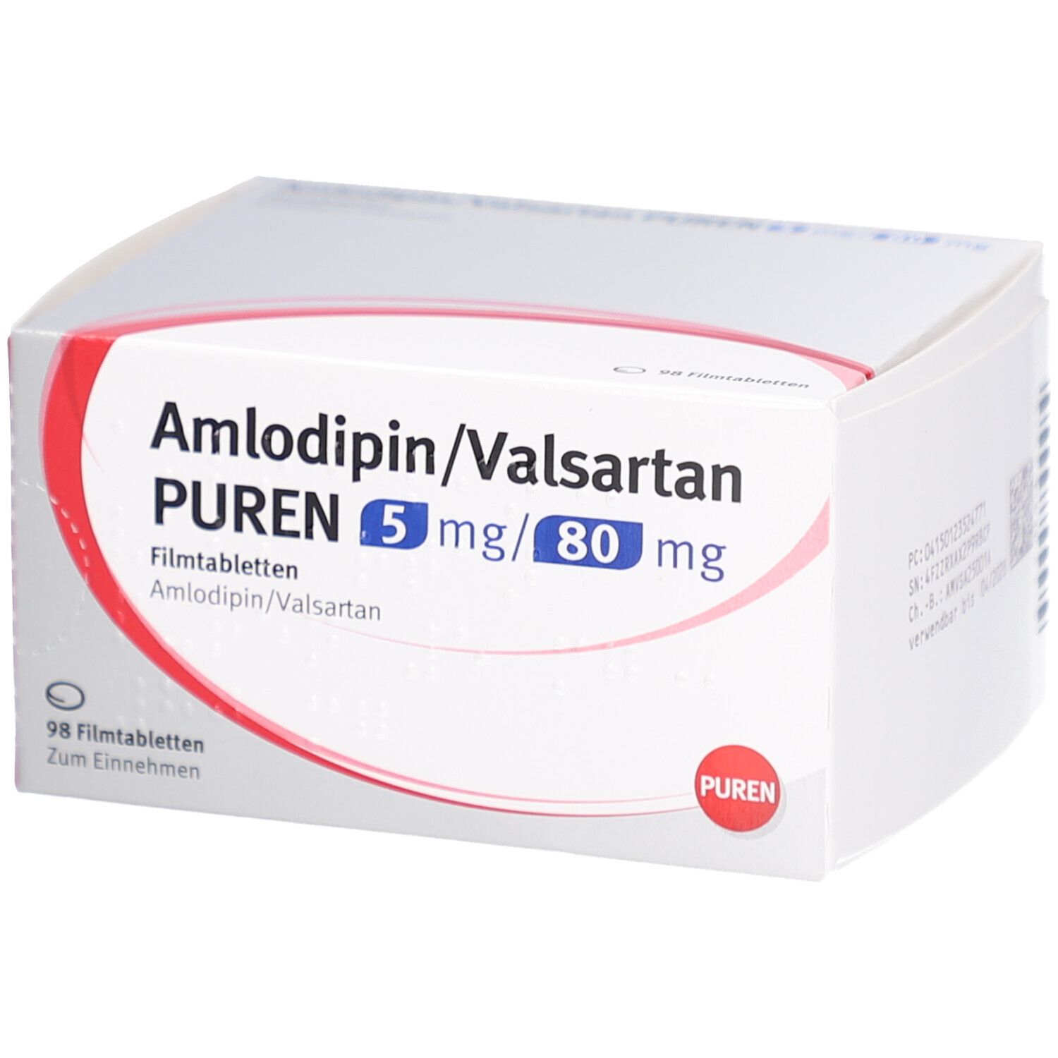 Schachtel mit AMLODIPIN/Valsartan PUREN 5 mg/80 mg Filmtabletten. Aufschrift und Logo PUREN. 98 Filmtabletten.
