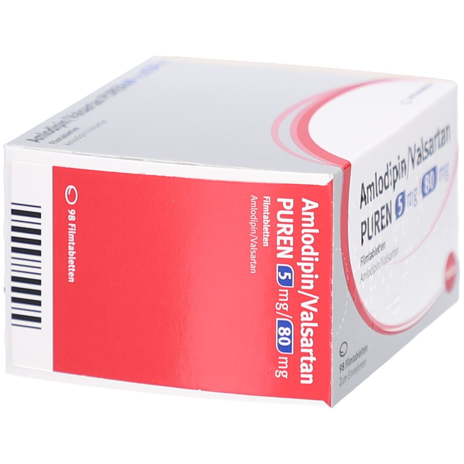 Schachtel mit AMLODIPIN/Valsartan PUREN 5 mg/80 mg Filmtabletten. Rote Fläche mit Barcode. 98 Filmtabletten.