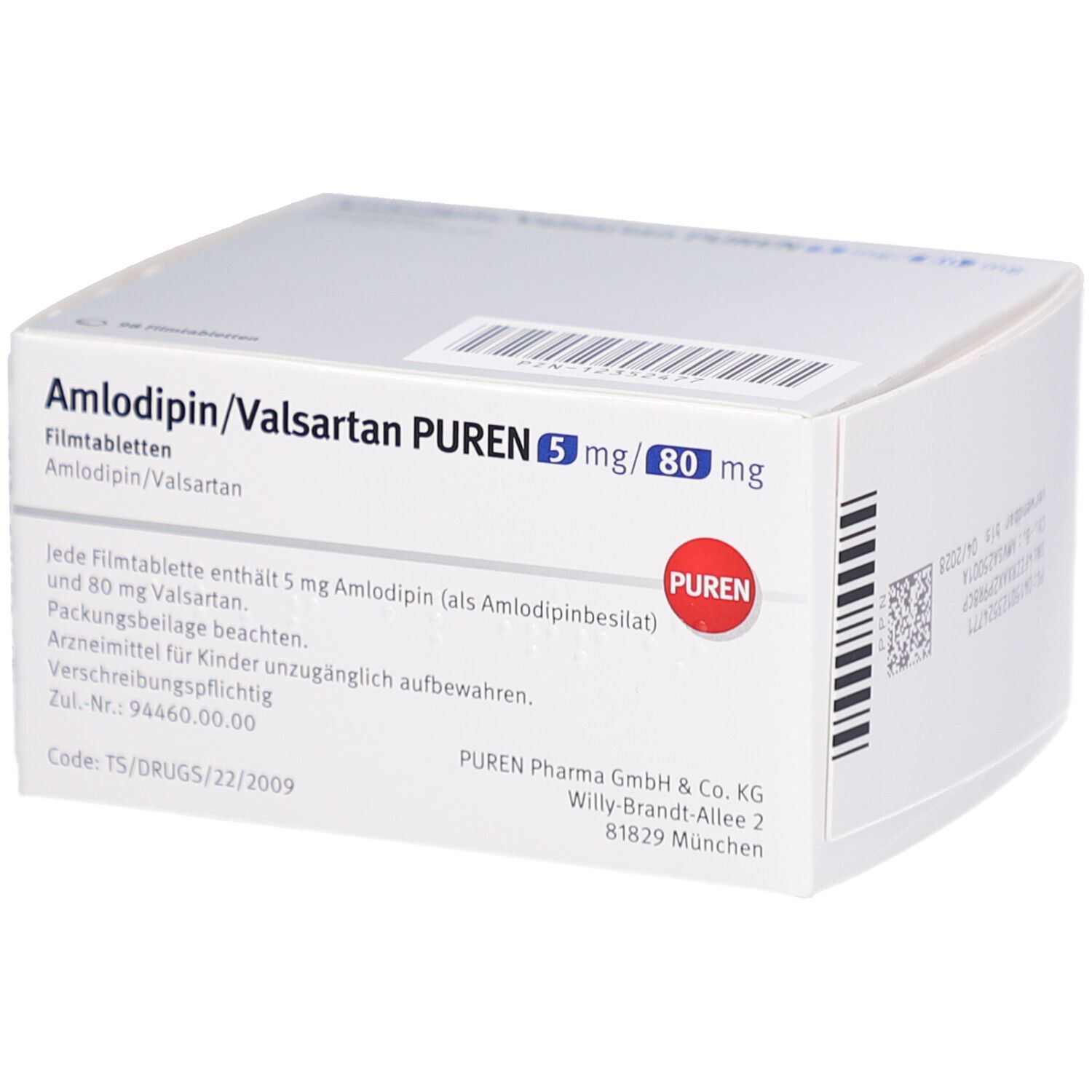 Schachtel mit AMLODIPIN/Valsartan PUREN 5 mg/80 mg Filmtabletten. Text und Logo PUREN. 98 Filmtabletten.