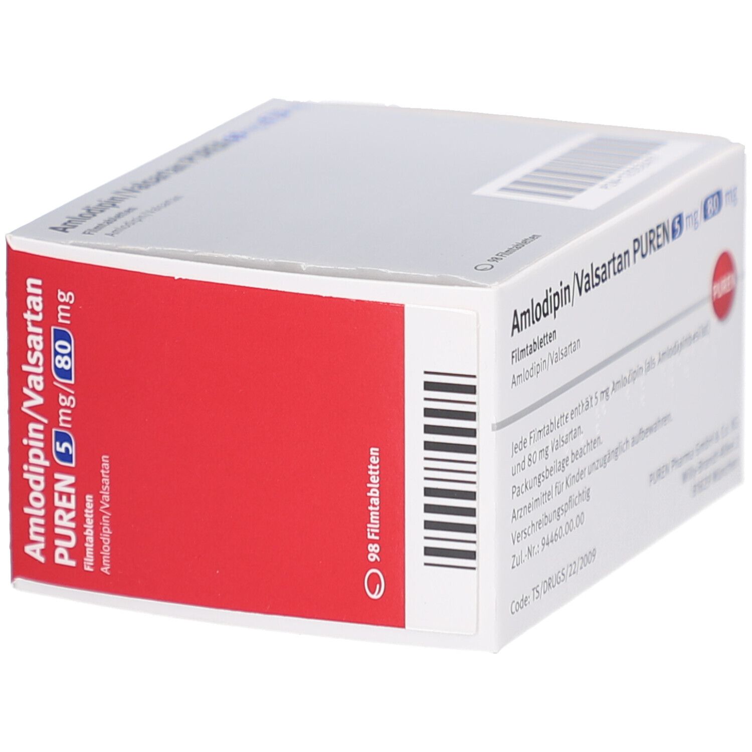 Schachtel mit AMLODIPIN/Valsartan PUREN 5 mg/80 mg Filmtabletten. Rote Fläche mit Text und Barcode. 98 Filmtabletten.