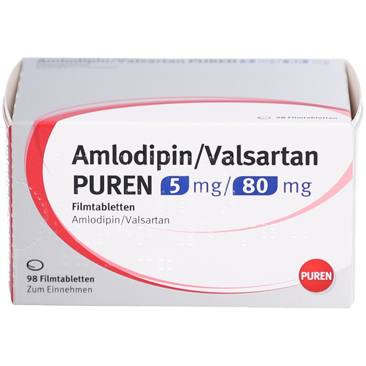Schachtel mit AMLODIPIN/Valsartan PUREN 5 mg/80 mg Filmtabletten. Aufschrift und Logo PUREN. 98 Filmtabletten.