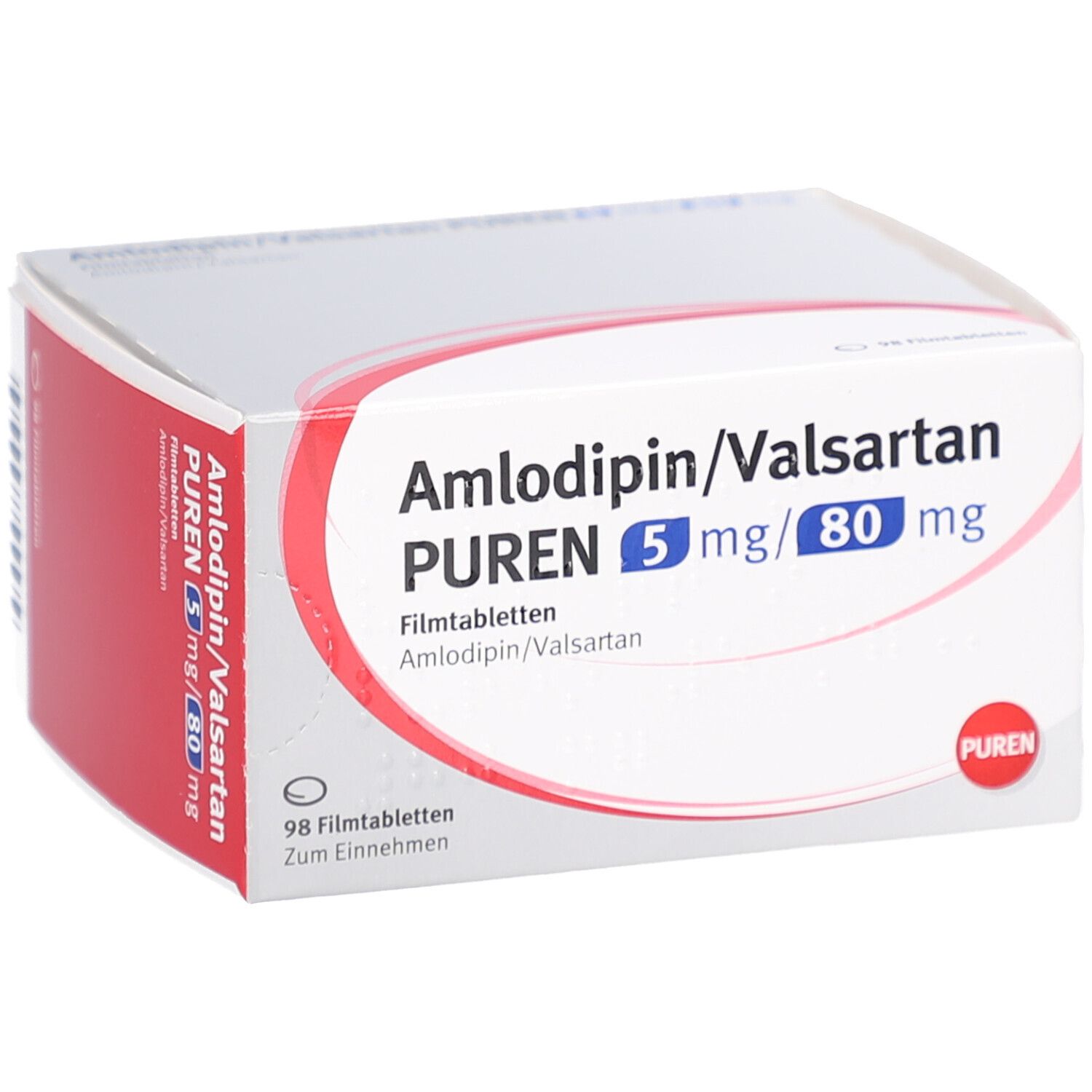 Schachtel mit AMLODIPIN/Valsartan PUREN 5 mg/80 mg Filmtabletten. Rote Fläche mit Text. 98 Filmtabletten.