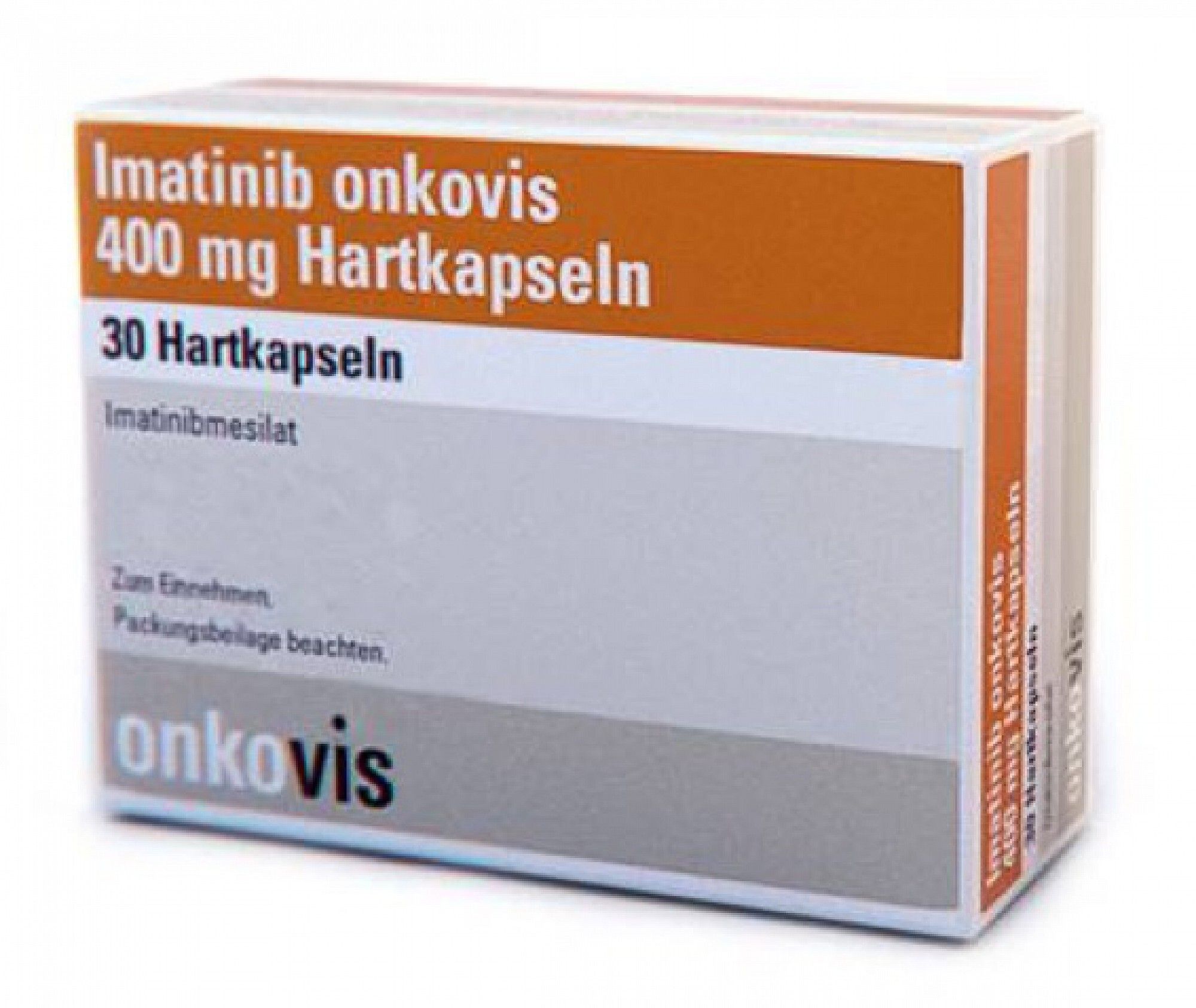 Schachtel mit Imatinib onkovis 400 mg Hartkapseln. Orange-weißes Design. Enthält 30 Hartkapseln. Aufschrift: Imatinibmesilat.