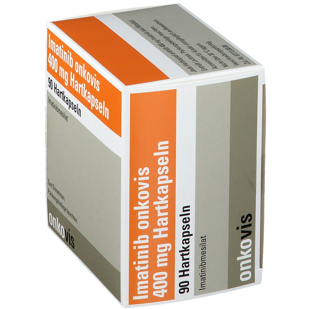 Schachtel Imatinib onkovis 400 mg Hartkapseln. Orange-weiß. Text: 90 Hartkapseln, Imatinibmesilat, onkovis. Ansicht schräg.