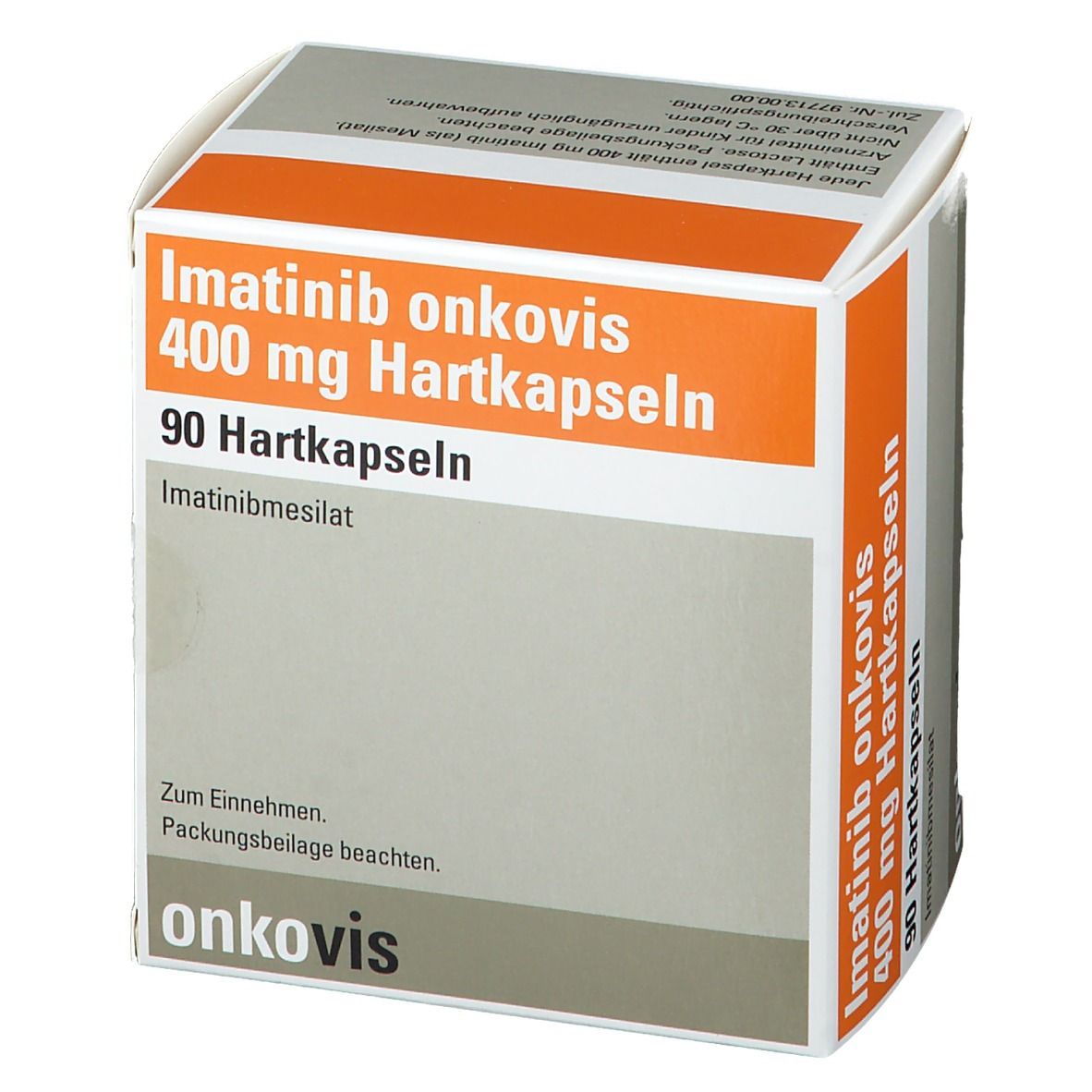 Schachtel Imatinib onkovis 400 mg Hartkapseln. Orange-weiß. Text: 90 Hartkapseln, Imatinibmesilat, onkovis. Mehrere Seiten.