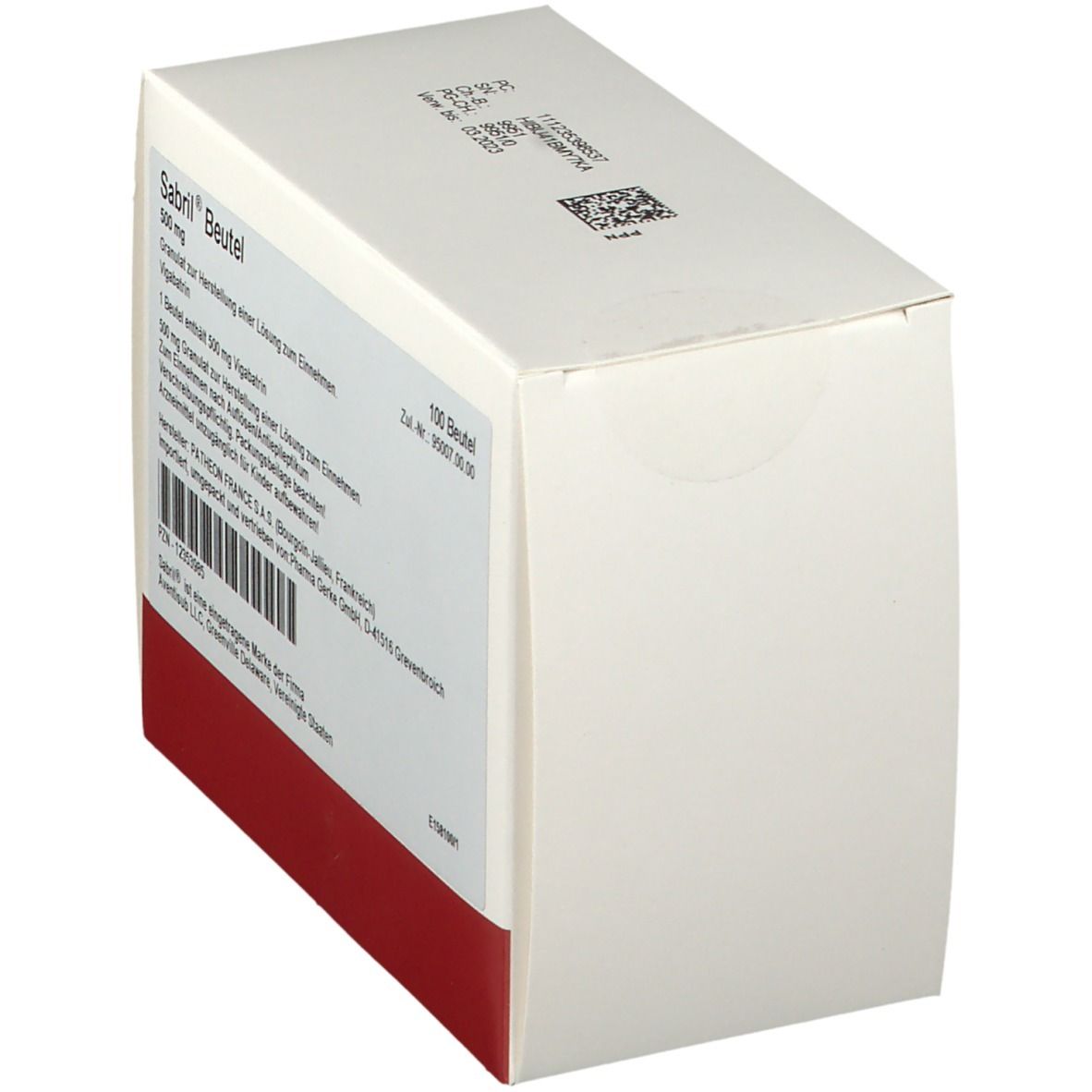 Weißer Karton mit rotem Streifen. Aufschrift: Sabril Beutel, 500 mg, 100 Beutel. Enthält Vigabatrin. PZN-12353985.