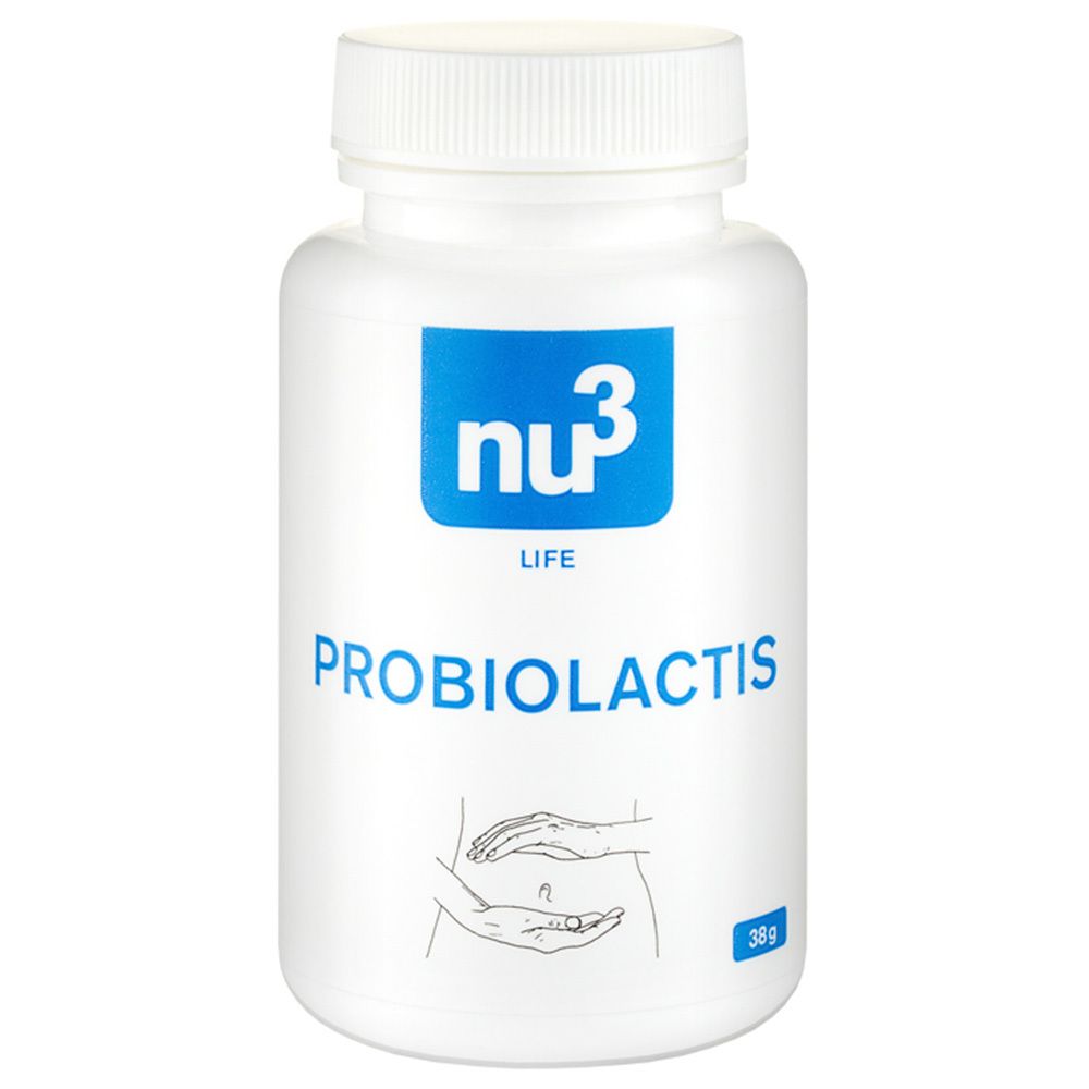 Weiße Flasche mit blauem Etikett. Aufschrift: nu3 LIFE PROBIOLACTIS. Illustration: Hände auf Bauch.