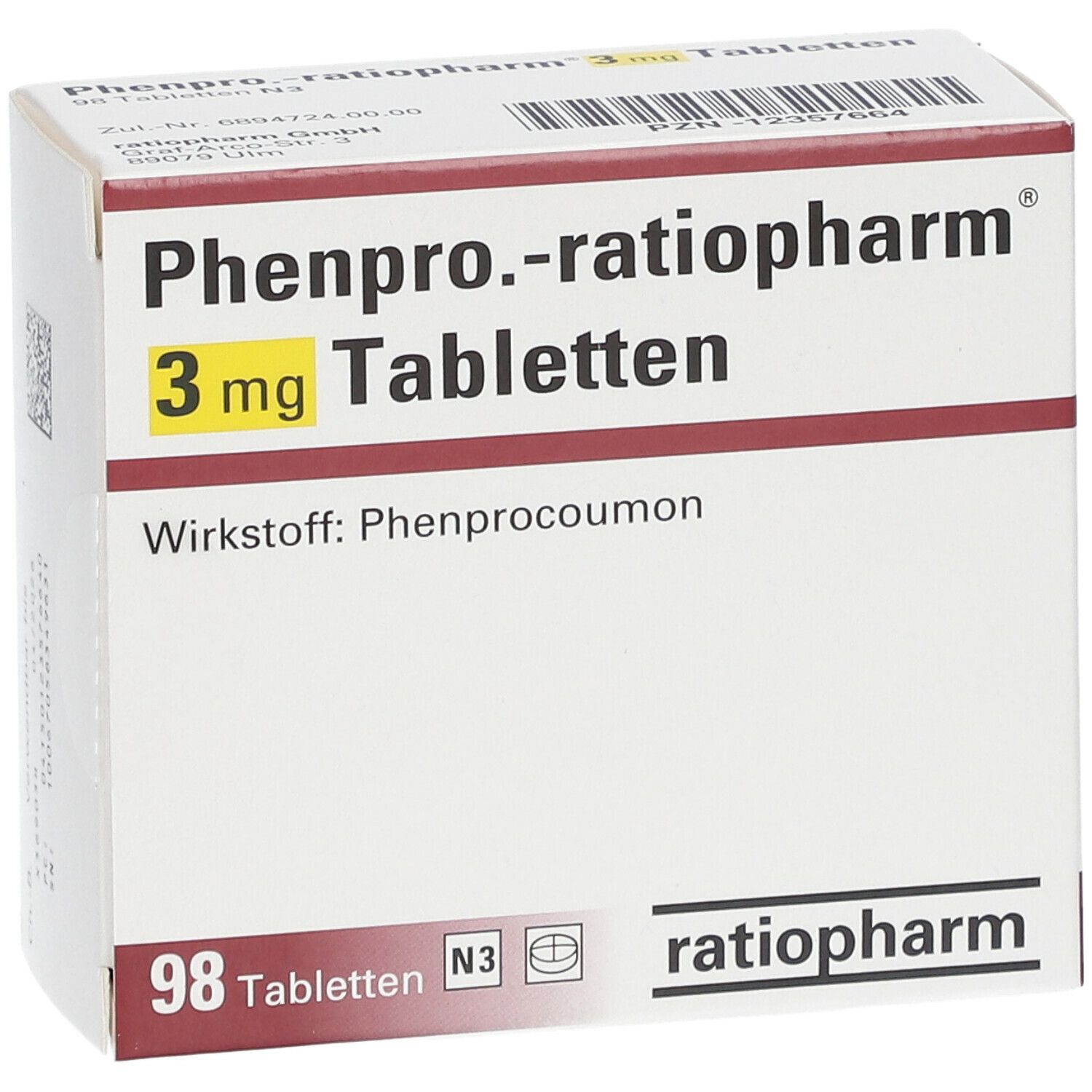 Schachtel Phenpro.-ratiopharm 3 mg Tabletten. 98 Tabletten. Wirkstoff: Phenprocoumon. Marke ratiopharm.