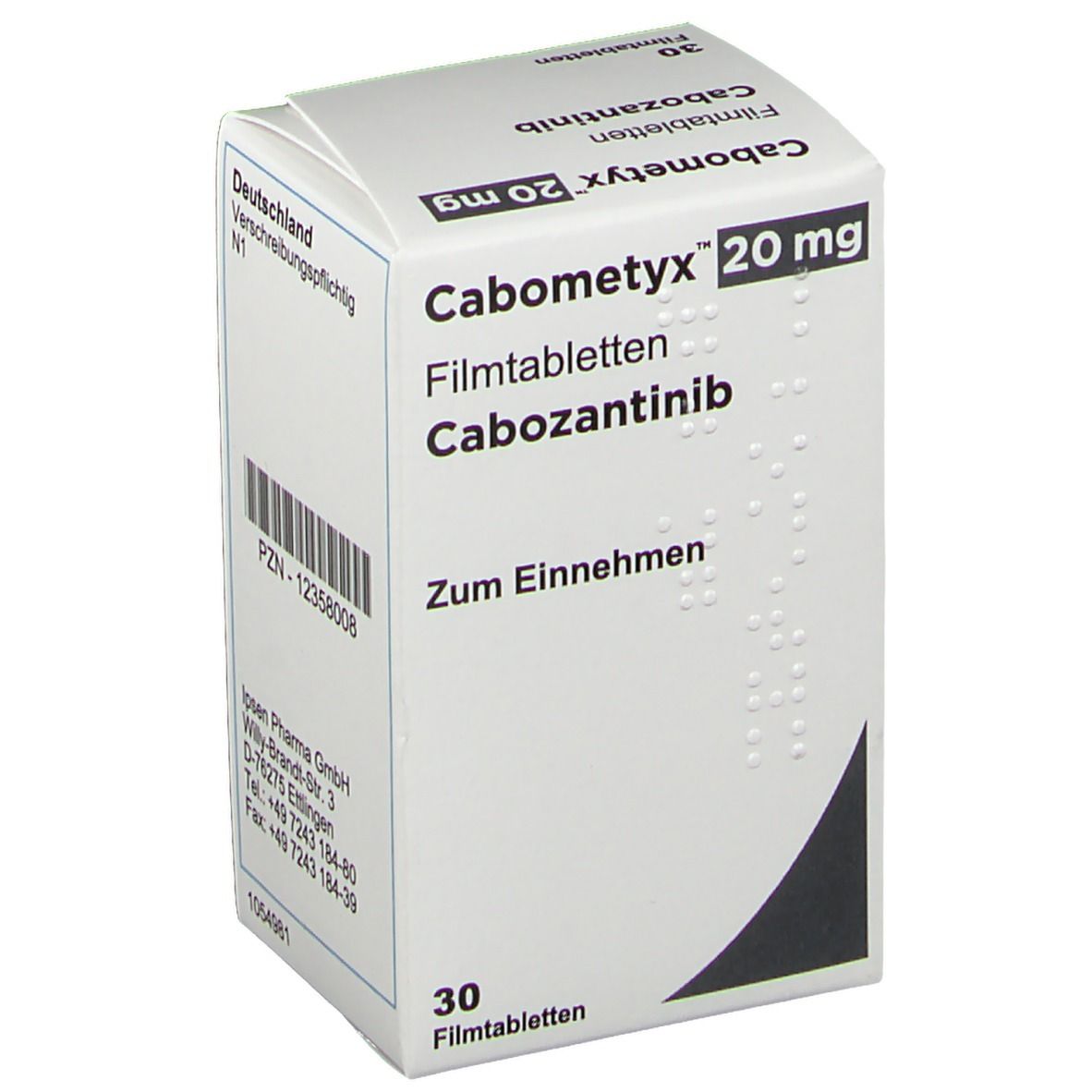 Schachtel mit Cabometyx 20 mg Filmtabletten. Enthält 30 Tabletten. Aufschrift: Cabozantinib. PZN-12358008.
