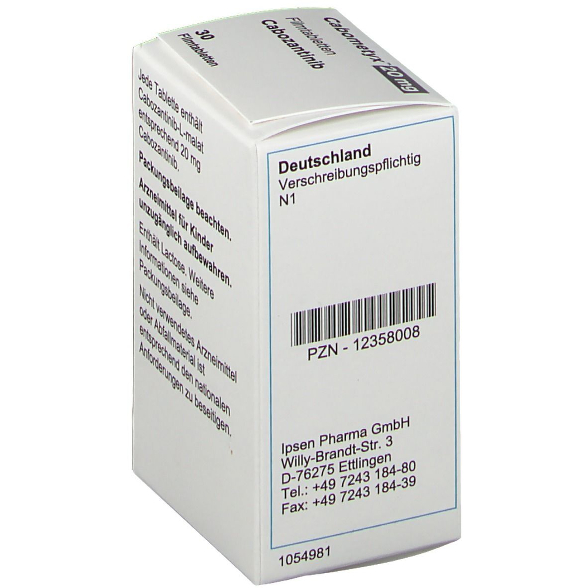 Rückseite der Cabometyx 20 mg Schachtel. Enthält Informationen zur Verschreibungspflicht und Herstelleradresse.