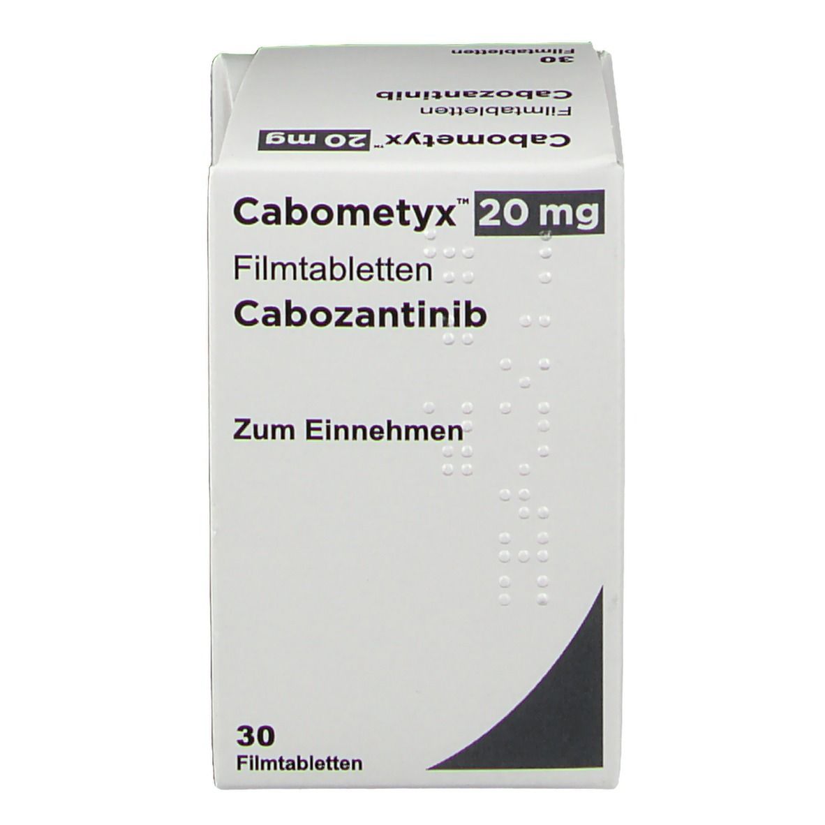 Schachtel mit Cabometyx 20 mg Filmtabletten. Enthält 30 Tabletten. Aufschrift: Cabozantinib. Zum Einnehmen.