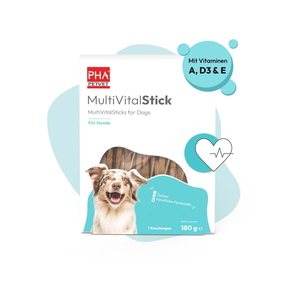 PHA PETVET MultiVitalStick für Hunde. Weiße Verpackung mit Produktabbildung und blauer Grafik. Aufschrift: MultiVitalSticks for Dogs.