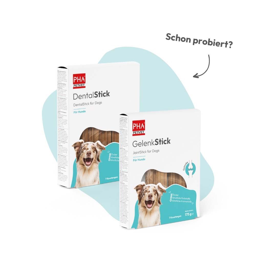 Zwei Verpackungen: DentalStick und GelenkStick. Aufschrift: DentalStick für Hunde und GelenkStick für Hunde.