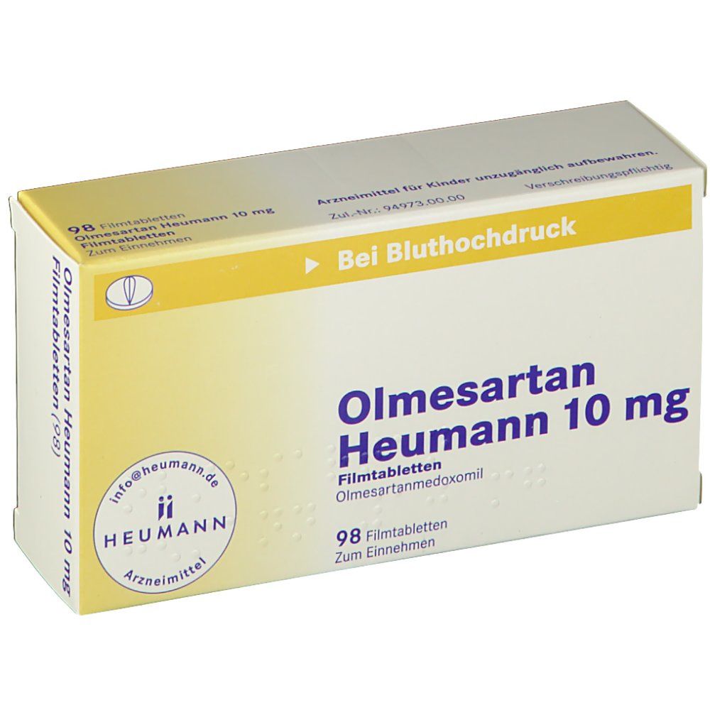 Olmesartan Heumann 10 mg Packung. Gelb-weiße Schachtel mit Produktnamen und Dosierung. 98 Filmtabletten. Heumann Logo.