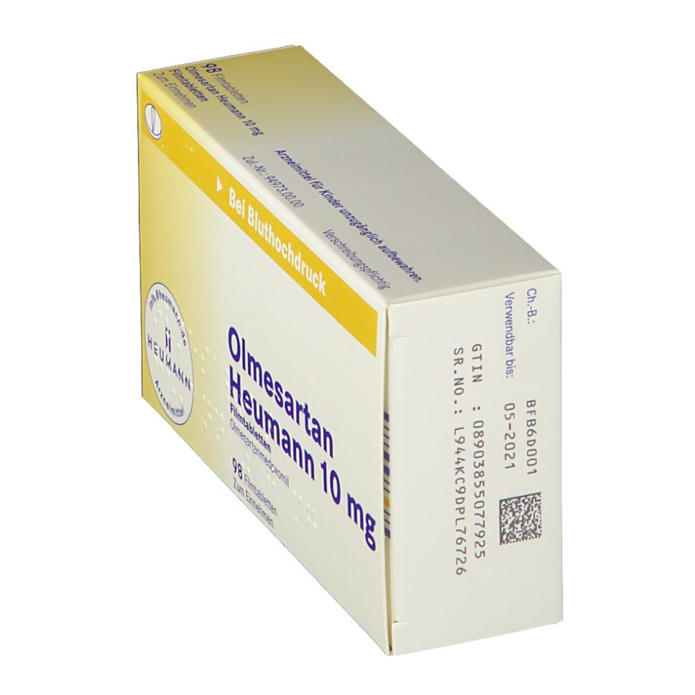 Olmesartan Heumann 10 mg Packung, schräg. Gelb-weiße Schachtel mit Produktnamen und Dosierung. Aufdruck: Bei Bluthochdruck. Heumann Logo.