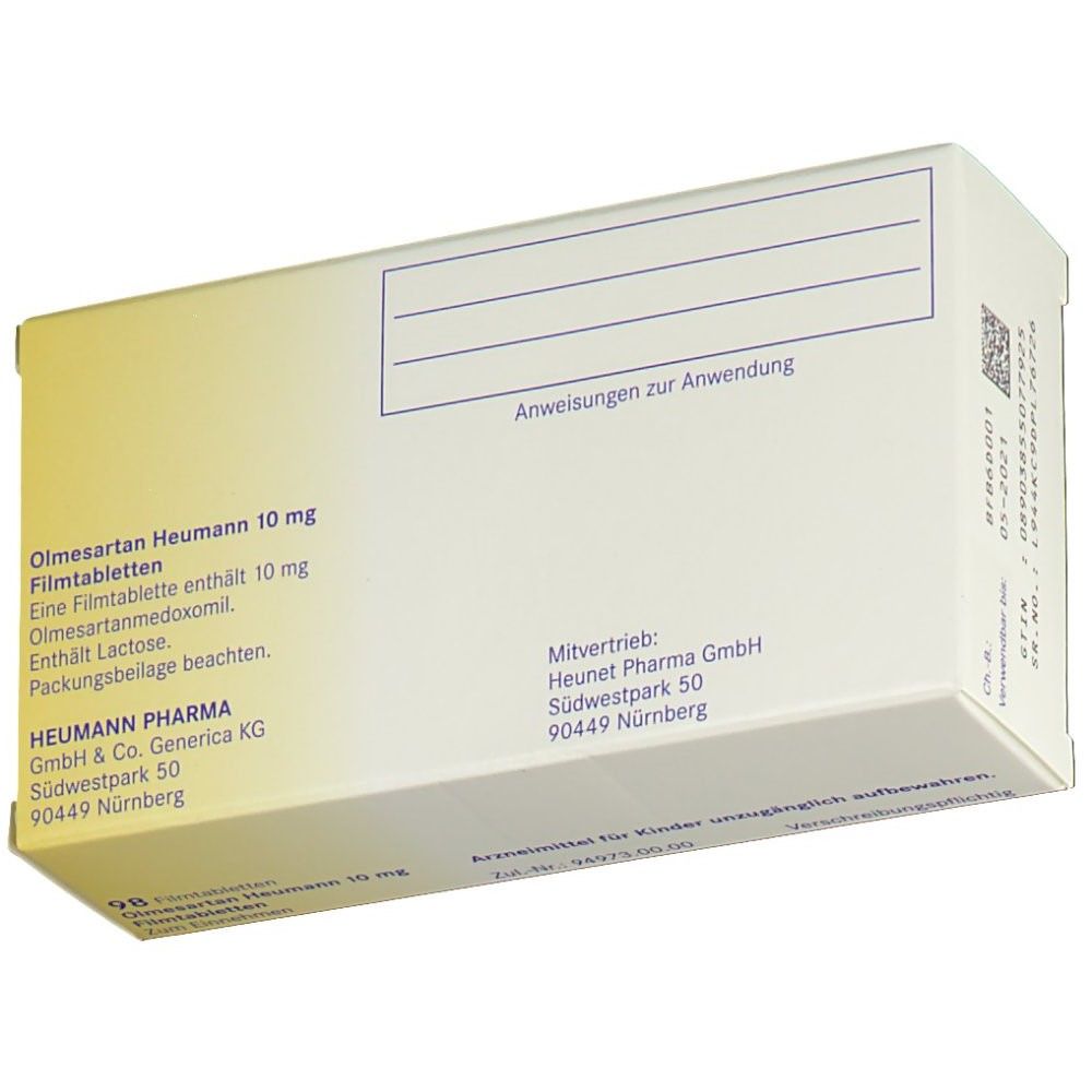 Rückseite der Olmesartan Heumann 10 mg Packung. Gelb-weiße Schachtel mit Text. Herstellerinformationen und Barcode. Text: Anweisungen zur Anwendung.