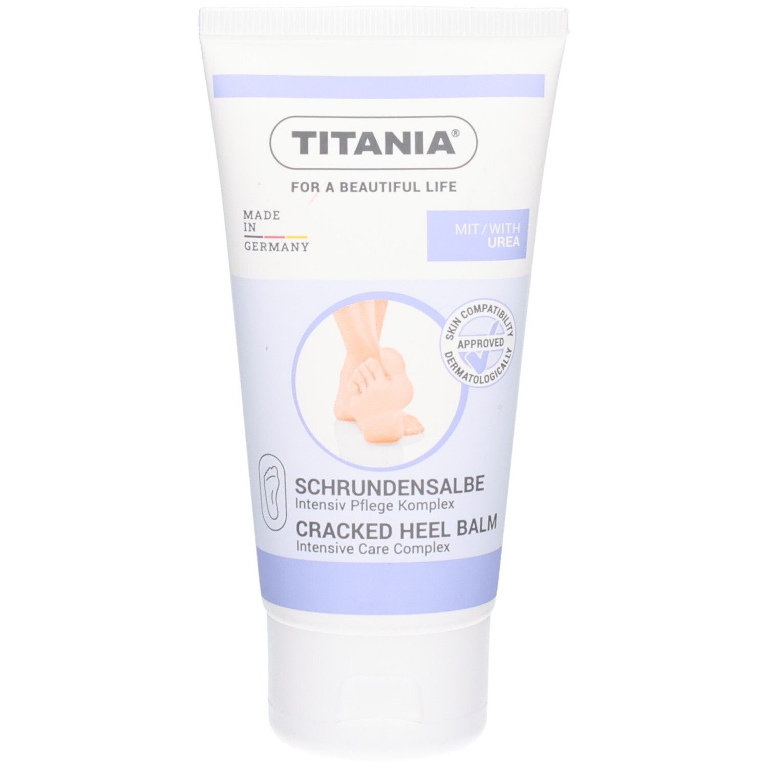 TITANIA® Schrundensalbe Tube mit Urea für intensive Fußpflege. Zeigt eine Fuß-Silhouette und Dermatologically Approved Siegel.