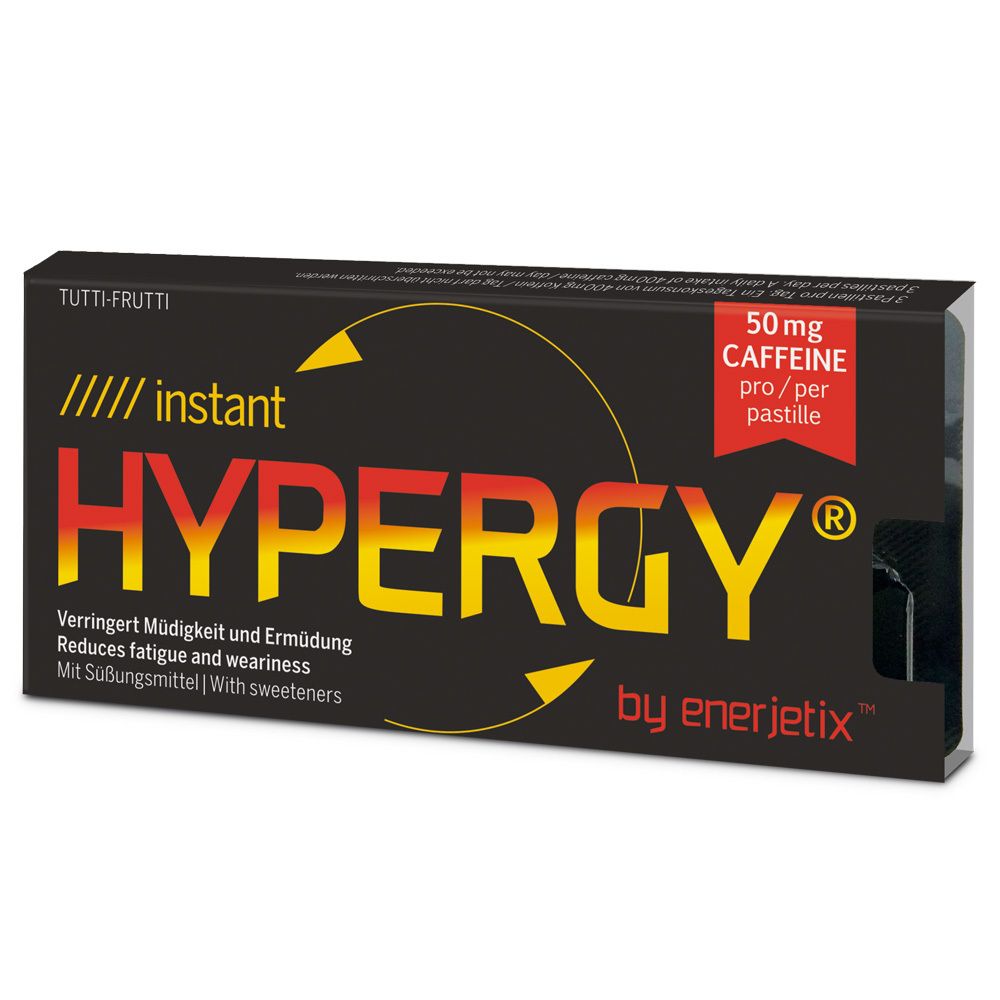 Schwarze Verpackung mit "HYPERGY" Schriftzug. Enthält 50mg Koffein pro Pastille. "Tutti Frutti" und "by enerjetix" sind ebenfalls sichtbar.