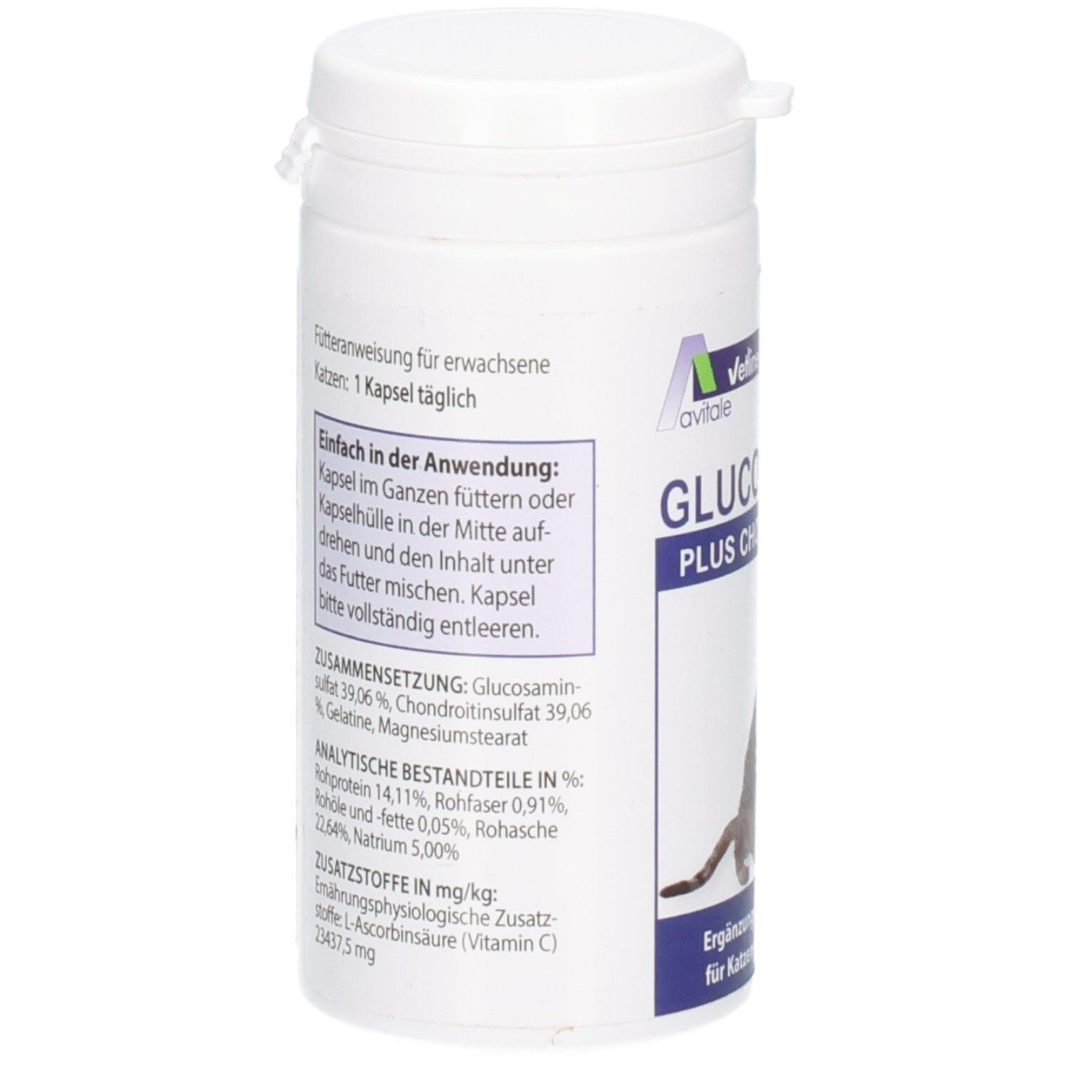 Weiße Dose mit Deckel. Textinformationen und Inhaltsstoffe. Aufschrift: Glucosamin Plus Chondroitin. Katze.