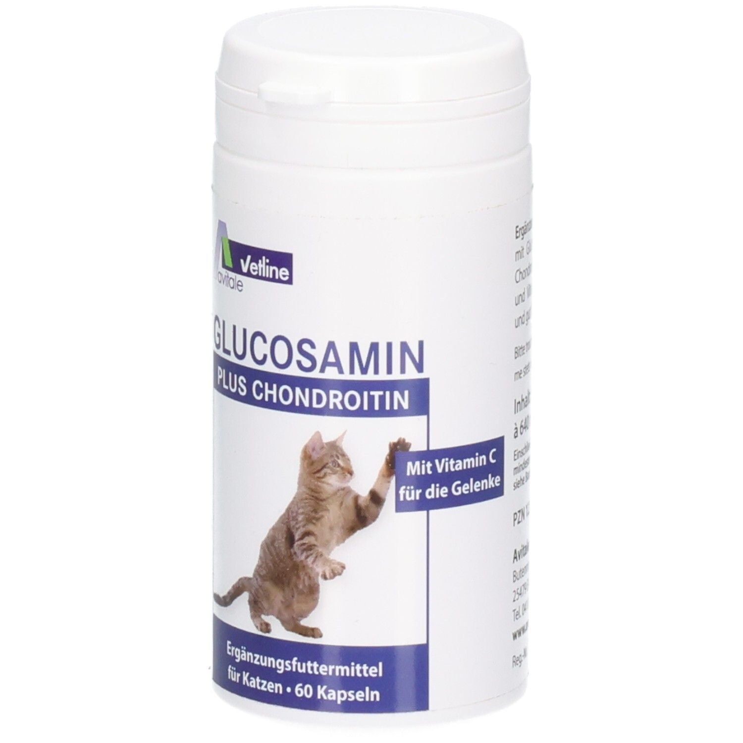 Weiße Dose mit Deckel. Aufschrift: Glucosamin Plus Chondroitin. Abbildung einer Katze. 60 Kapseln. Mit Vitamin C.