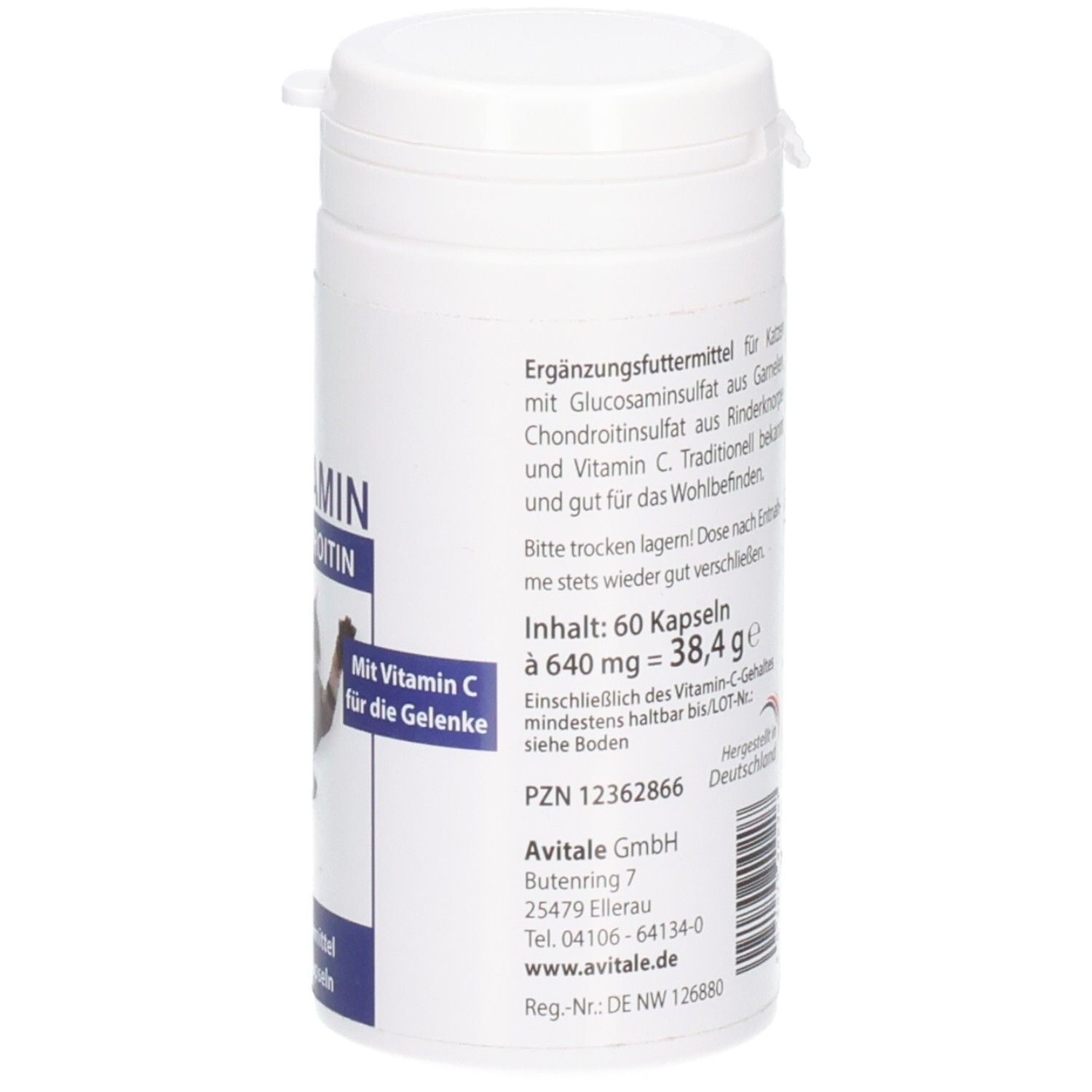 Weiße Dose mit Deckel. Textinformationen und Inhaltsangabe. Aufschrift: Glucosamin Plus Chondroitin. 60 Kapseln.