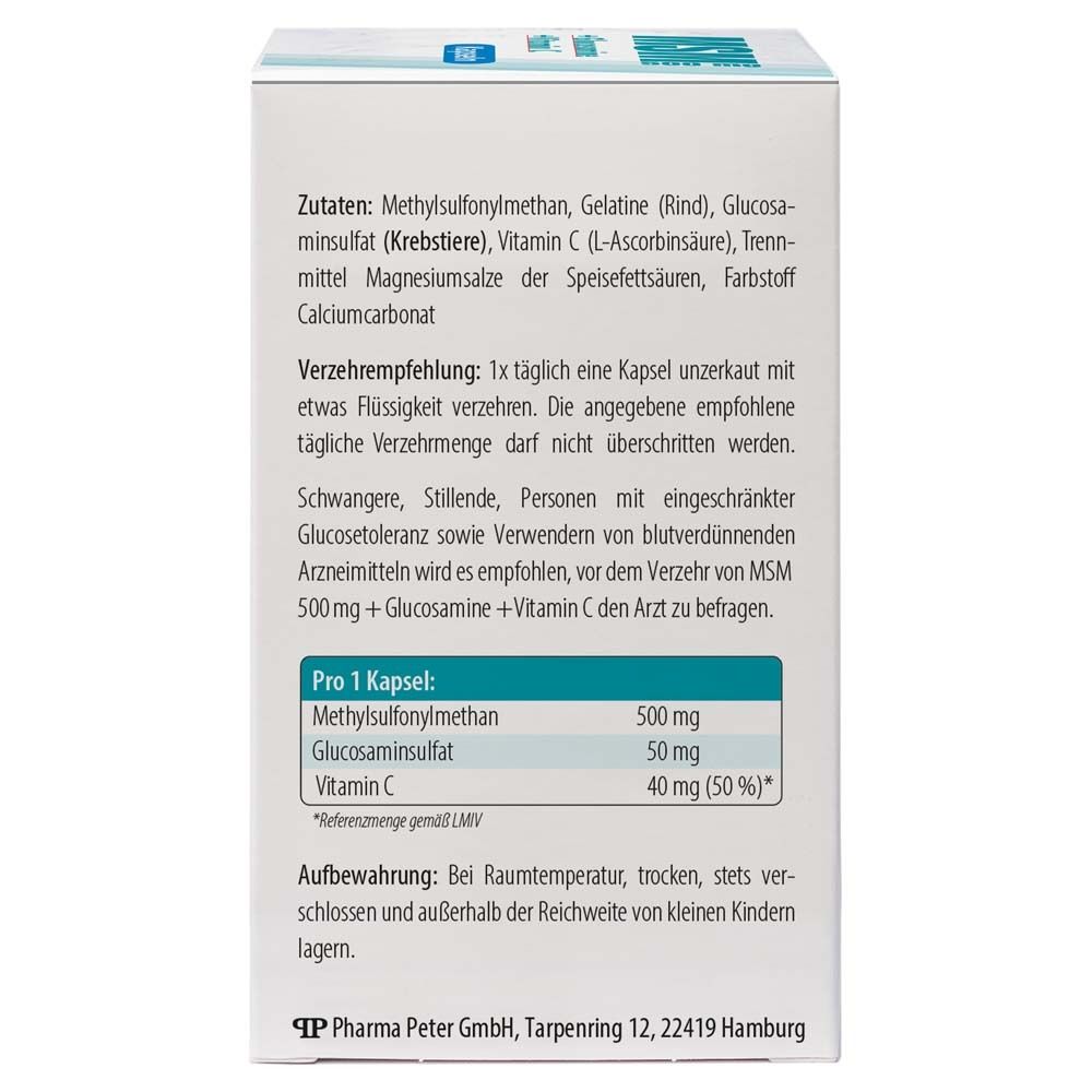 Rückseite der Schachtel mit Zutaten und Verzehrempfehlung für MSM 500 mg + Glucosamin + Vitamin C Kapseln.